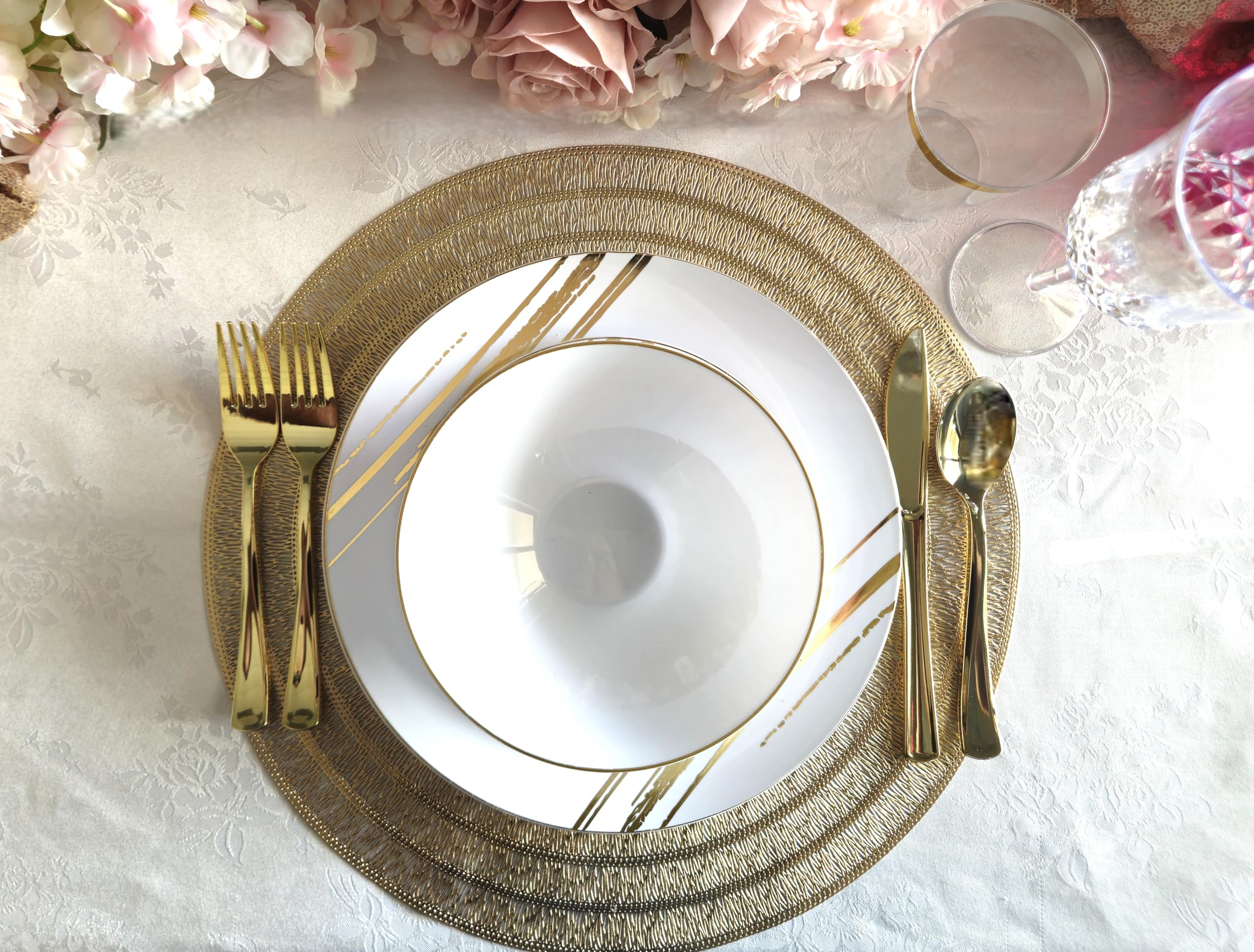240 Pack Disposable Plastic Plates 10.25 Inch - Elegant White & Gold Wedding Dinner Plates for Parties, Events, Catering & Special Occasions