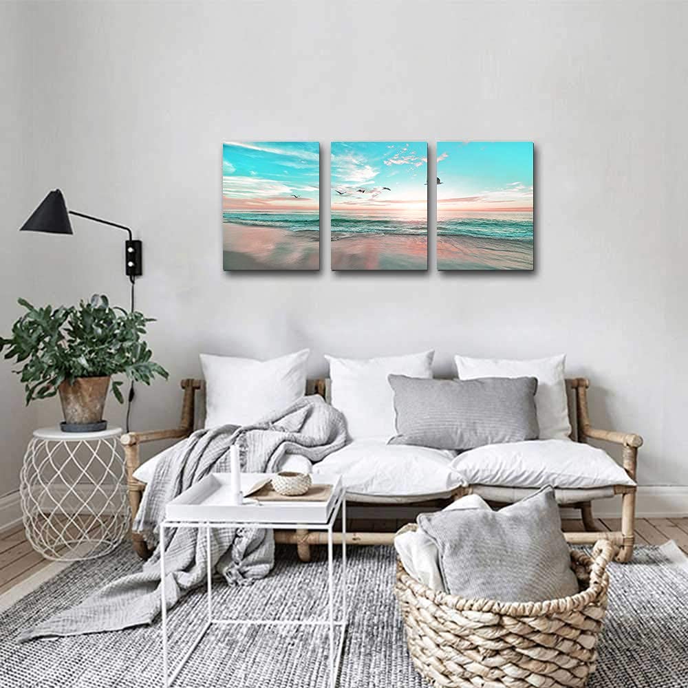 EPHANY Ocean Beach Sunset Wall Art - Abstract Blue Sea Landscape Canvas Painting Set of 3 (16x24 inches) for Living Room, Bedroom & Office Decor