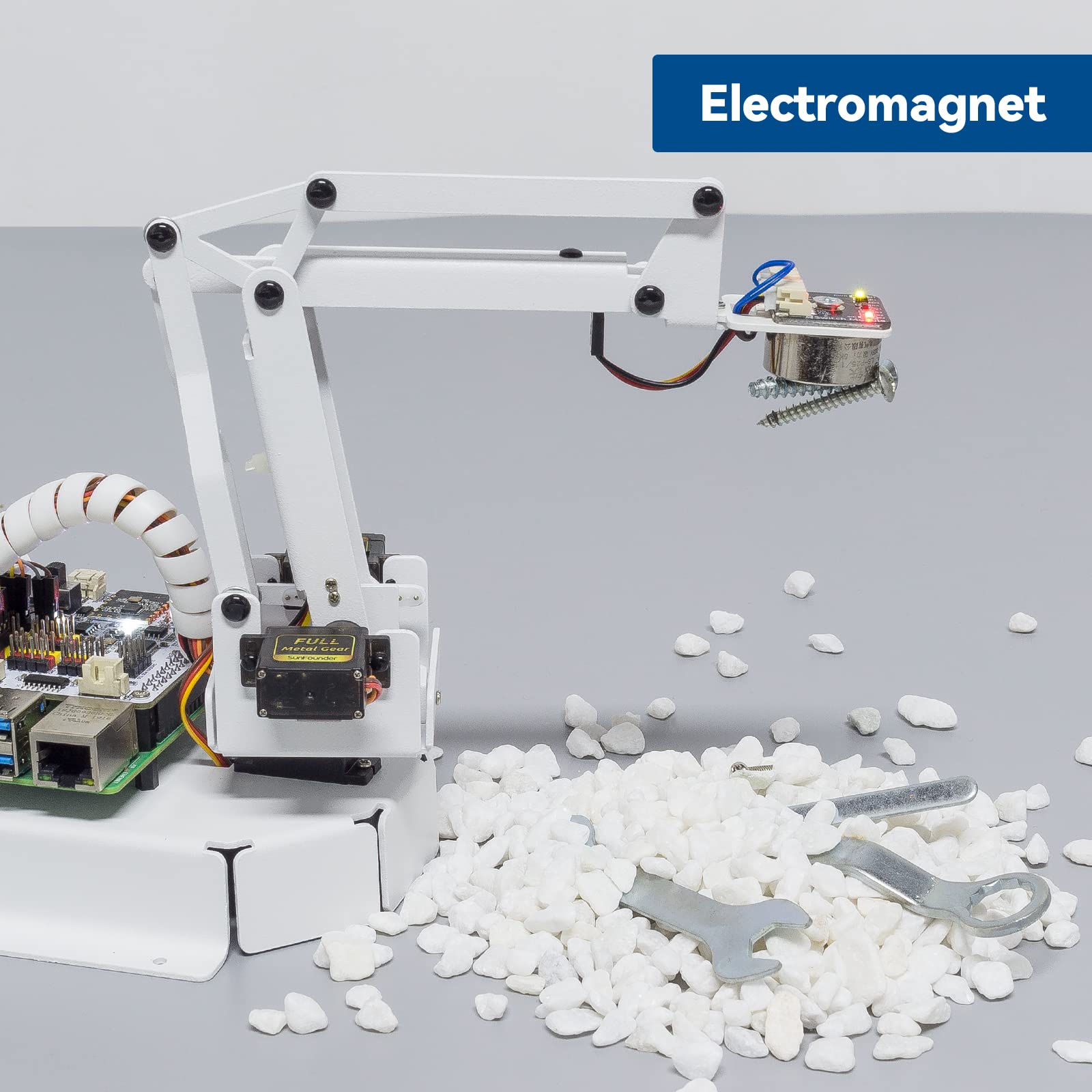 SunFounder 4 DOF Robot Arm Kit with Shovel Bucket, Hanging Clips & Electromagnet - Graphical Visual Programming, Python & Remote Control for Raspberry Pi 4B/3B+/3B - STEM Education, DIY Robotics Projects & Home Automation