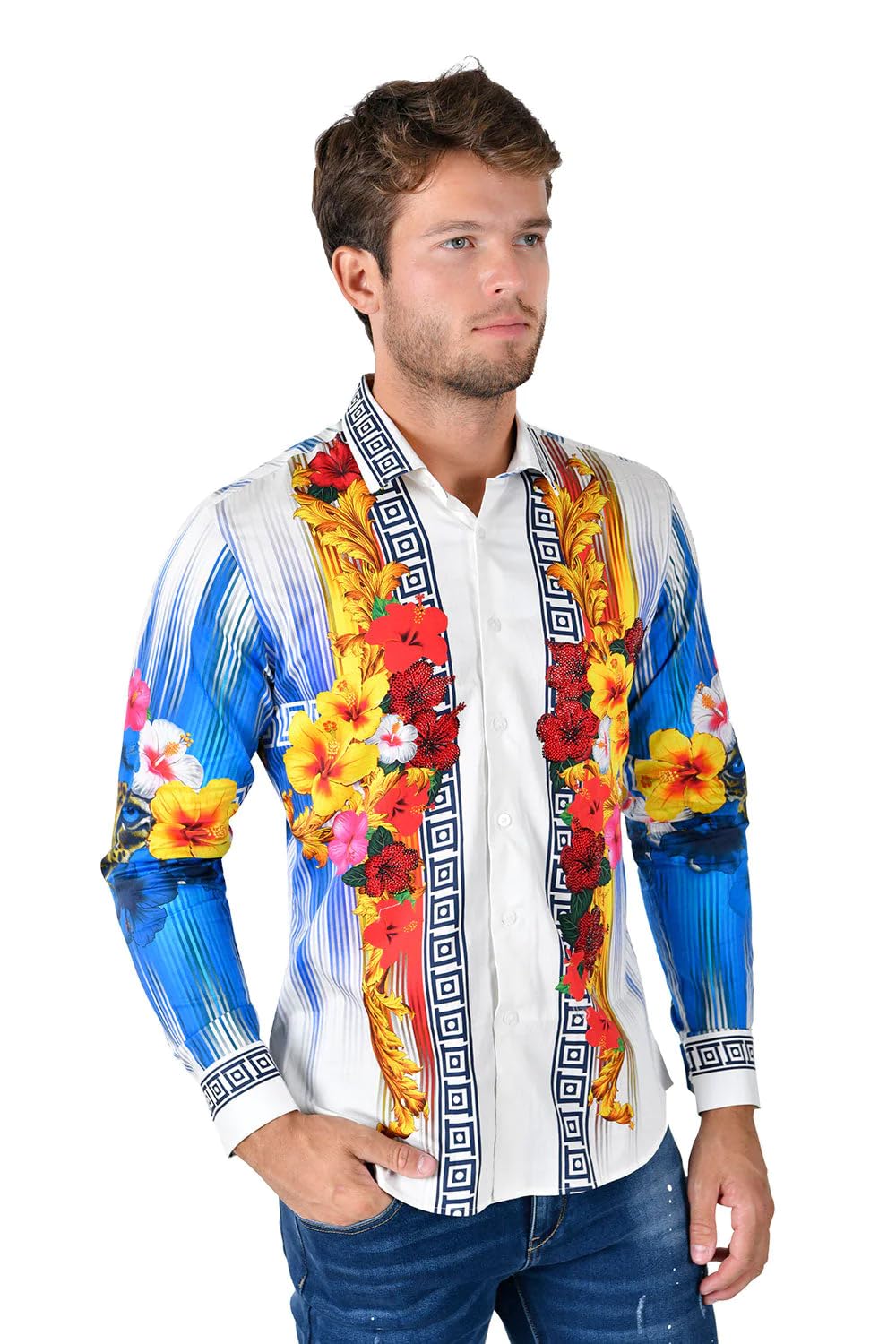 Barabas Men's Rhinestone Floral Tiger Greek Pattern Shirts - Stylish Casual Button Down Shirt for Party, Club & Night Out - SPR612