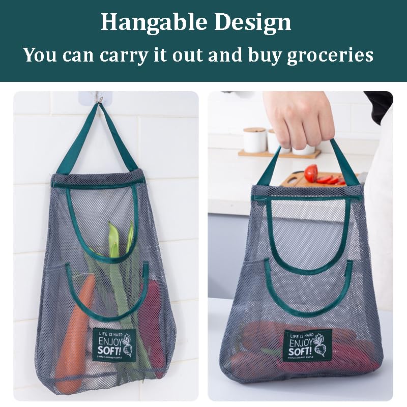 3-Pack Reusable Hanging Mesh Storage Bags for Kitchen - Dual Pocket Net Organizer for Fruits, Vegetables, Garlic, Onions, Potatoes & Tomatoes | Space-Saving Pantry & Refrigerator Organizer