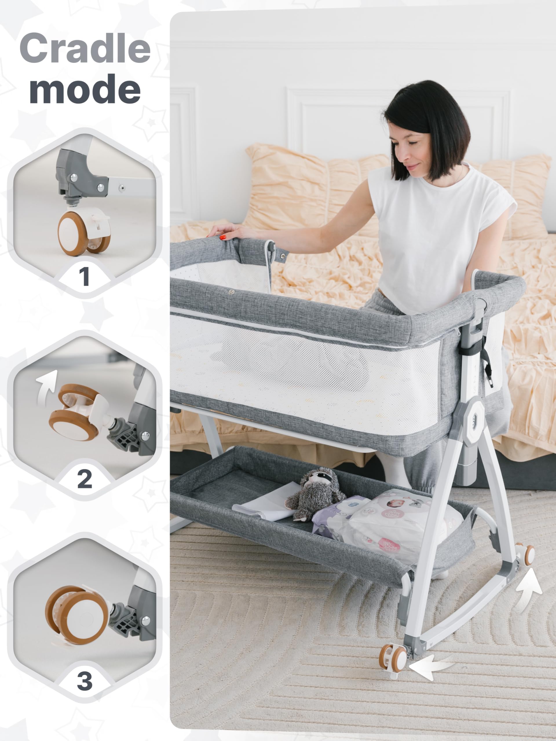 Earth&ME Portable Baby Bassinet Bedside Sleeper with Rocking Motion - Breathable Mesh Crib for Safe Co-Sleeping, Adjustable Height, Storage Basket & Wheels - Includes Travel Bag & Mosquito Net - Perfect for Nursery, Bedroom & Travel Use