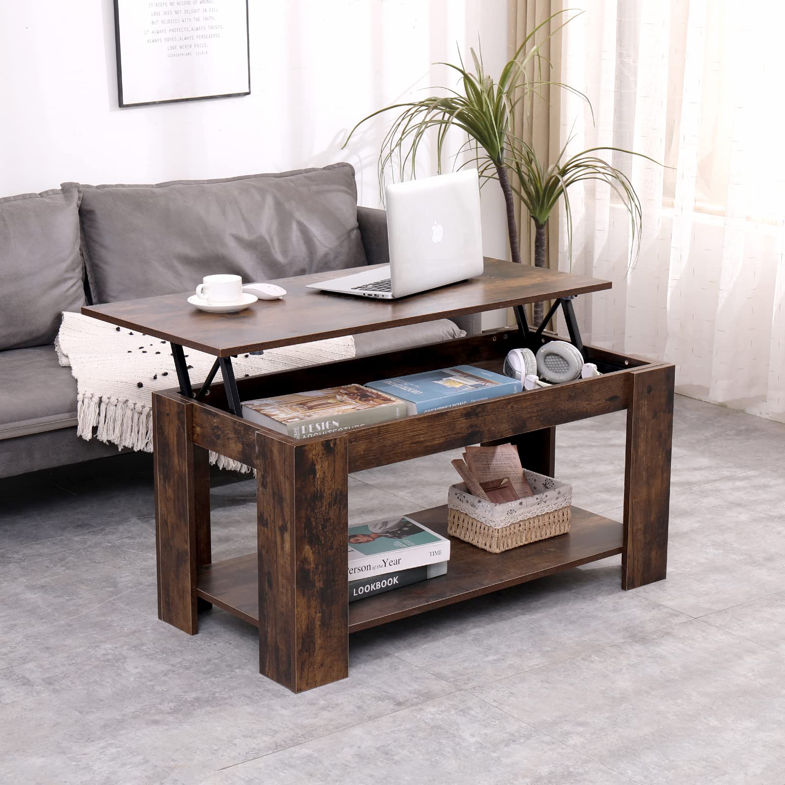 Lift Top Coffee Table with Hidden Storage Compartment & Shelf - Adjustable Height Rustic Brown End Table for Living Room, Reception, Office & Small Spaces - Perfect for Remote Work, Entertaining & Home Organization