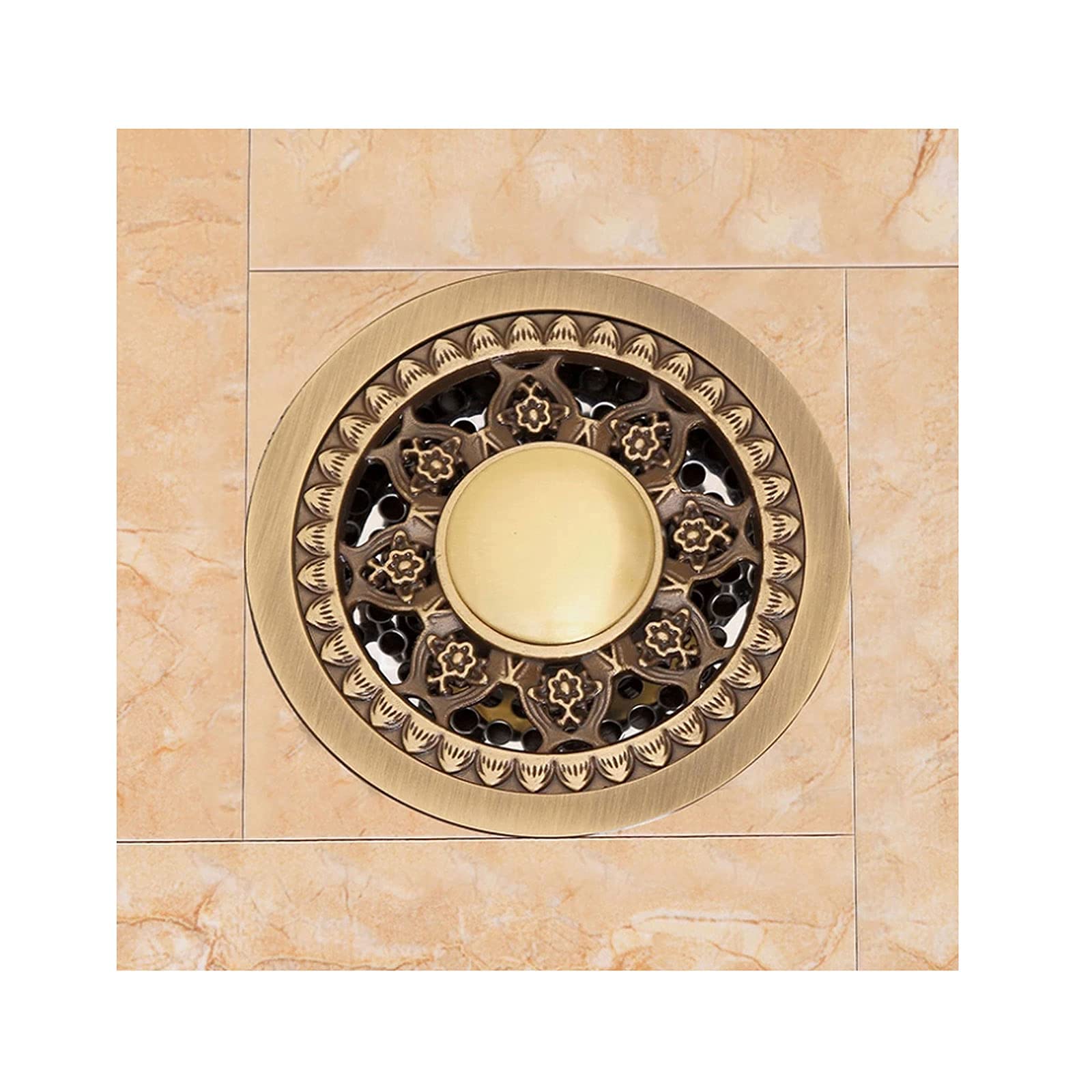 4 Inch Antique Brass Shower Floor Drain Cover with Strainer - Round Bathtub, Sink, Swimming Pool, Home Garage & Toilet Drain - Durable & Stylish Bathroom & Utility Drain Solution