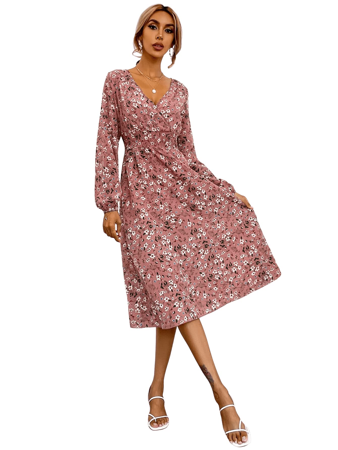 SweatyRocks Women's Floral Print Long Sleeve Wrap Dress - V Neck A-Line Midi Dress for Work, Party & Date Night | Elegant Office Wear & Special Occasion Outfit