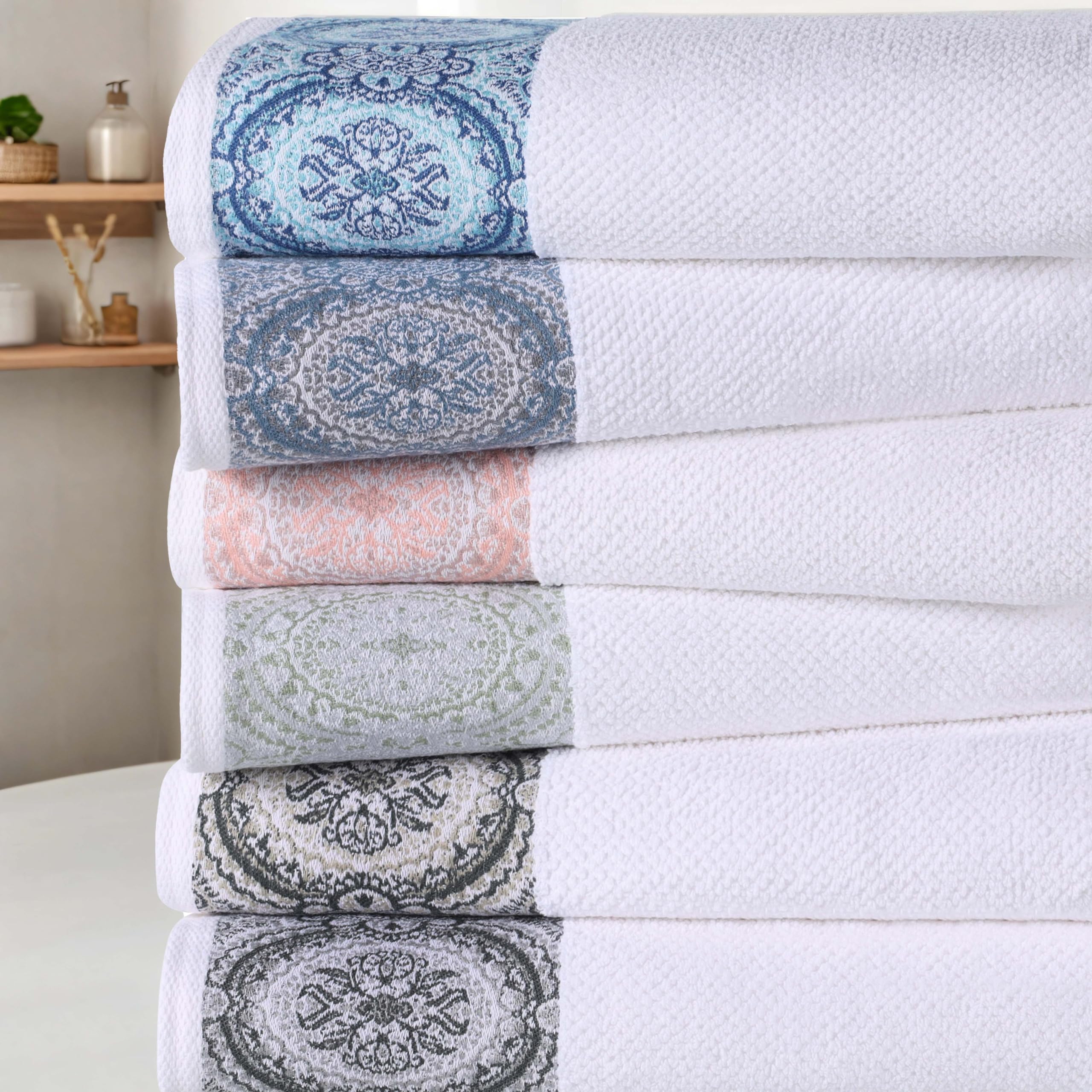 BNM 6-Piece Cotton Towel Set - Super Absorbent & Quick-Dry Bath, Hand & Face Towels - Textured Spa Luxury for Shower & Bathroom - White with Grey Border (2 Bath, 2 Hand, 2 Wash Towels) - Perfect for Home, Gym & Hotel Use