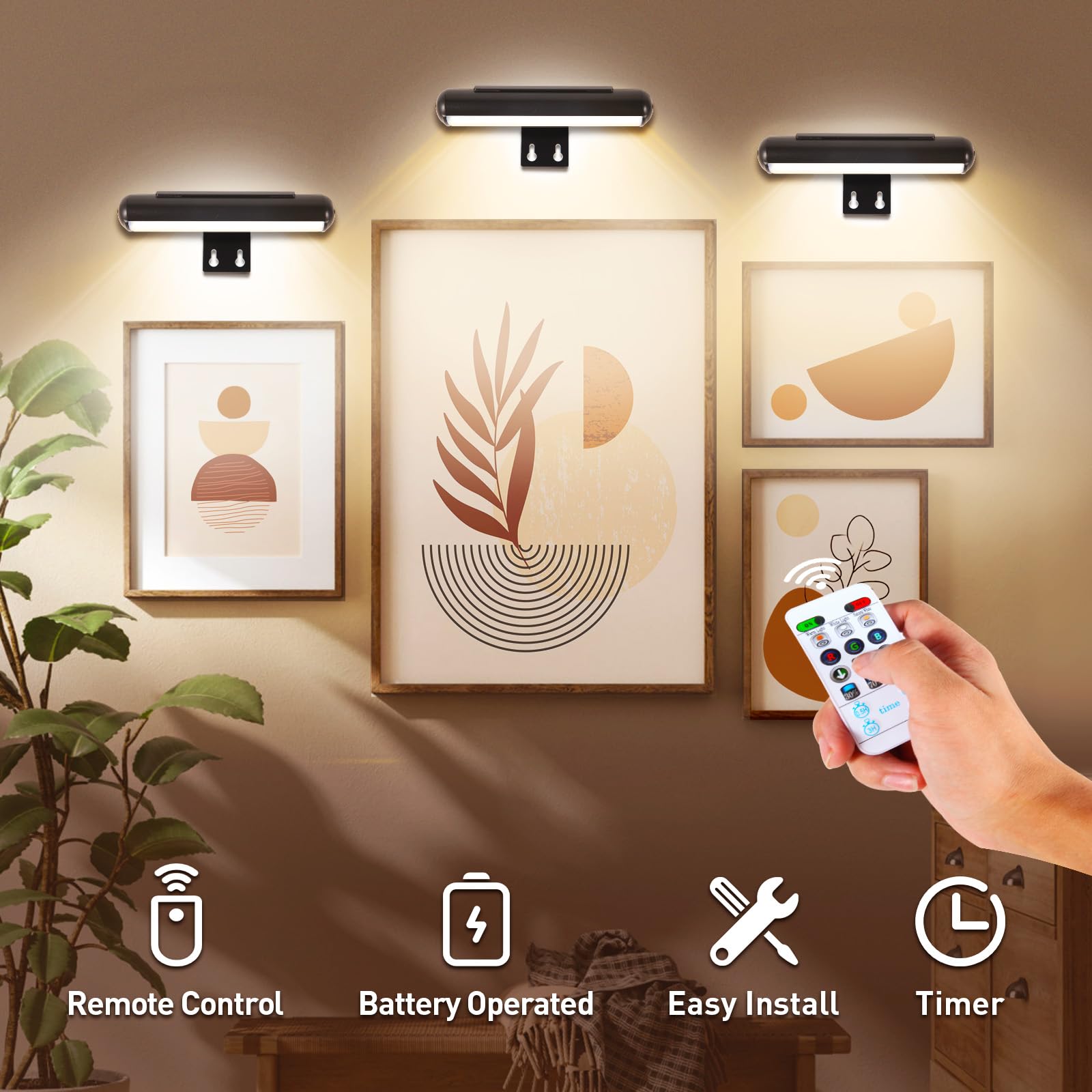 2 Pack Battery Operated Picture Light with Remote Control - Dimmable LED Art Light with Timer for Wall Paintings, Photo Frames, Portraits & Dartboards - Perfect for Home Gallery, Living Room Decor & Art Display (Metal Body)