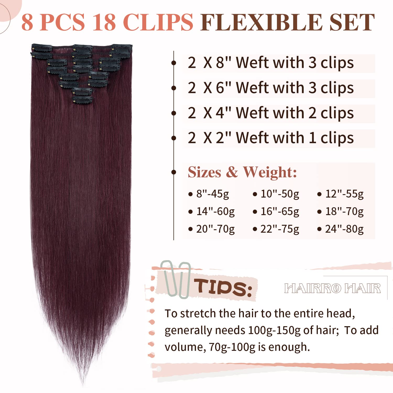 Hairro 22 Inch Clip in Human Hair Extensions - 100% Remy Human Hair, 75g Thin Weft, 8 Pcs with 18 Clips - Straight Clip on Hairpieces for Women - #99J Wine Red - Perfect for Volume, Length & Styling for Parties, Weddings & Daily Wear