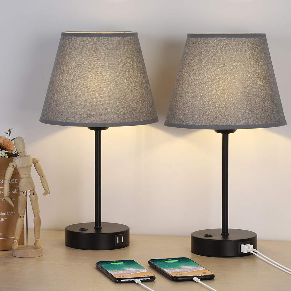 Modern Bedside Table Lamps with Dual USB Charging Ports - Set of 2 Gray Fabric Shade Nightstand Lamps for Bedroom, Living Room, Office & Study - Perfect for Reading, Working & Charging Devices