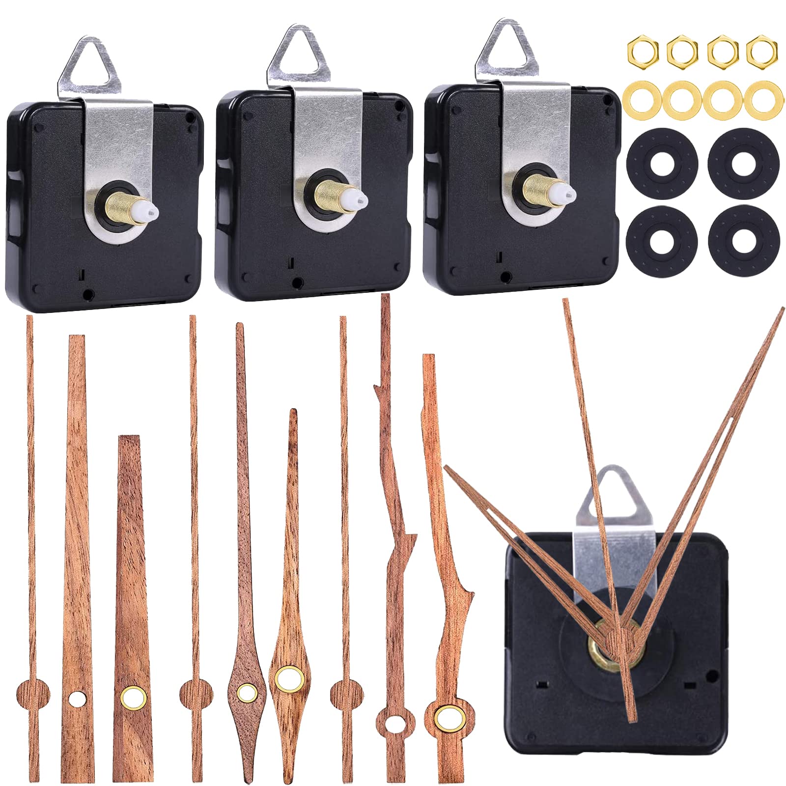 4 Pack Silent Non-Ticking Wall Clock Movement Mechanism with 4 Styles Walnut Wood Clock Hands - Quartz Motor DIY Repair Kit, Battery Operated Replacement Parts for 12 Inch Clocks - Perfect for Home Decor, Office, Classroom, and DIY Clock Making Projects