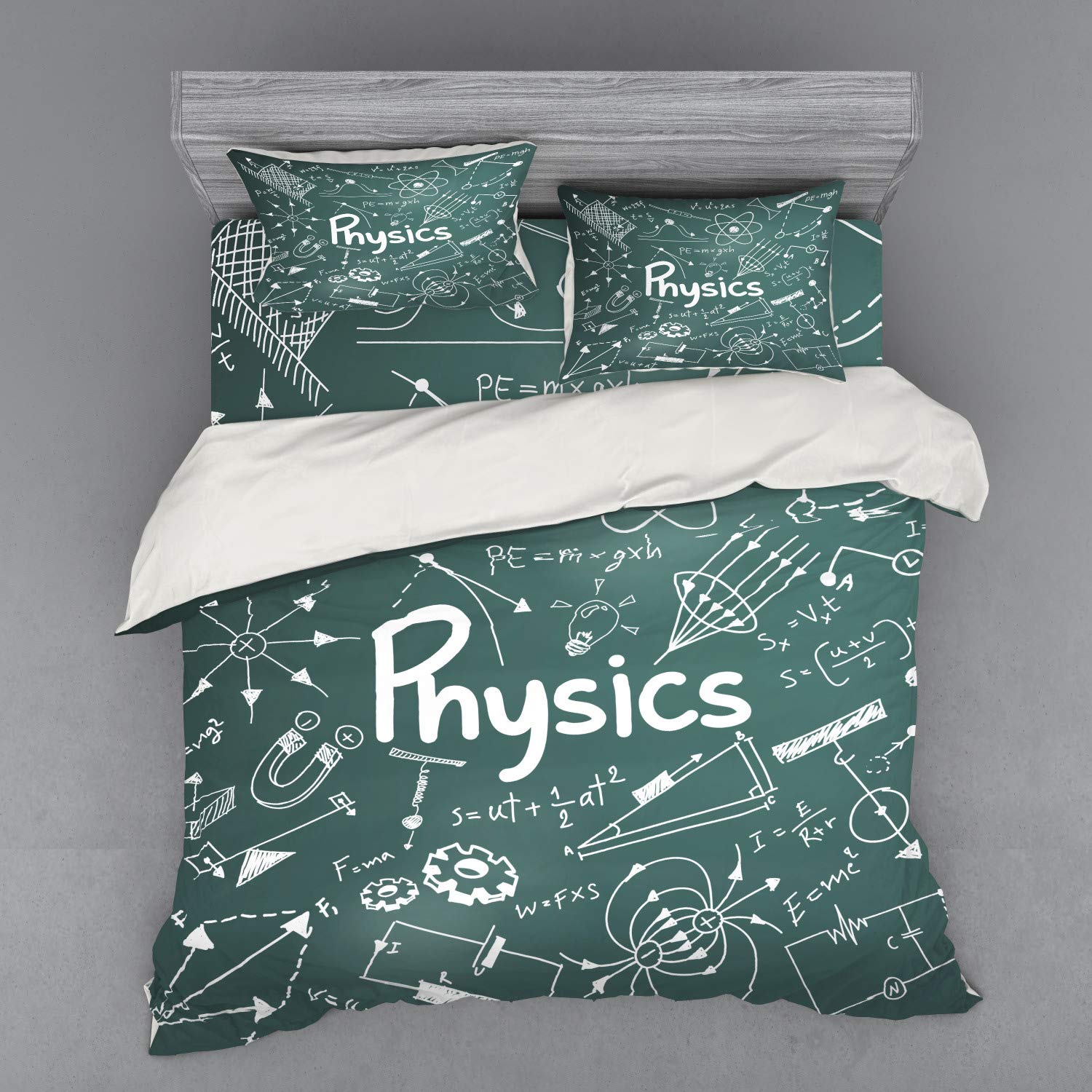 Ambesonne Physics Science Duvet Cover Set - King Size 3-Piece Bedding with Mathematical Formulas & Equations, Army Green & White - Perfect for Science Enthusiasts' Bedrooms, Dorm Rooms & STEM-Themed Decor
