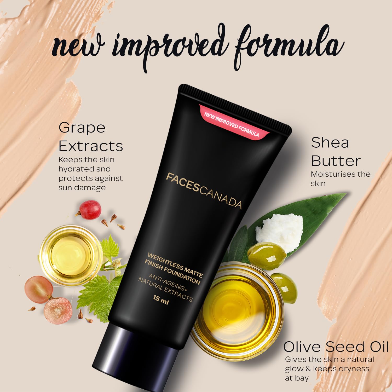 FACESCANDA Weightless Matte Finish Foundation - Beige, 15ml | Lightweight Oil-Free Liquid Makeup | Natural Matte Coverage | Anti-Aging & Non-Comedogenic | Infused with Olive Seed Oil, Grape Extract & Shea Butter | Perfect for Daily Wear & Special Occasions