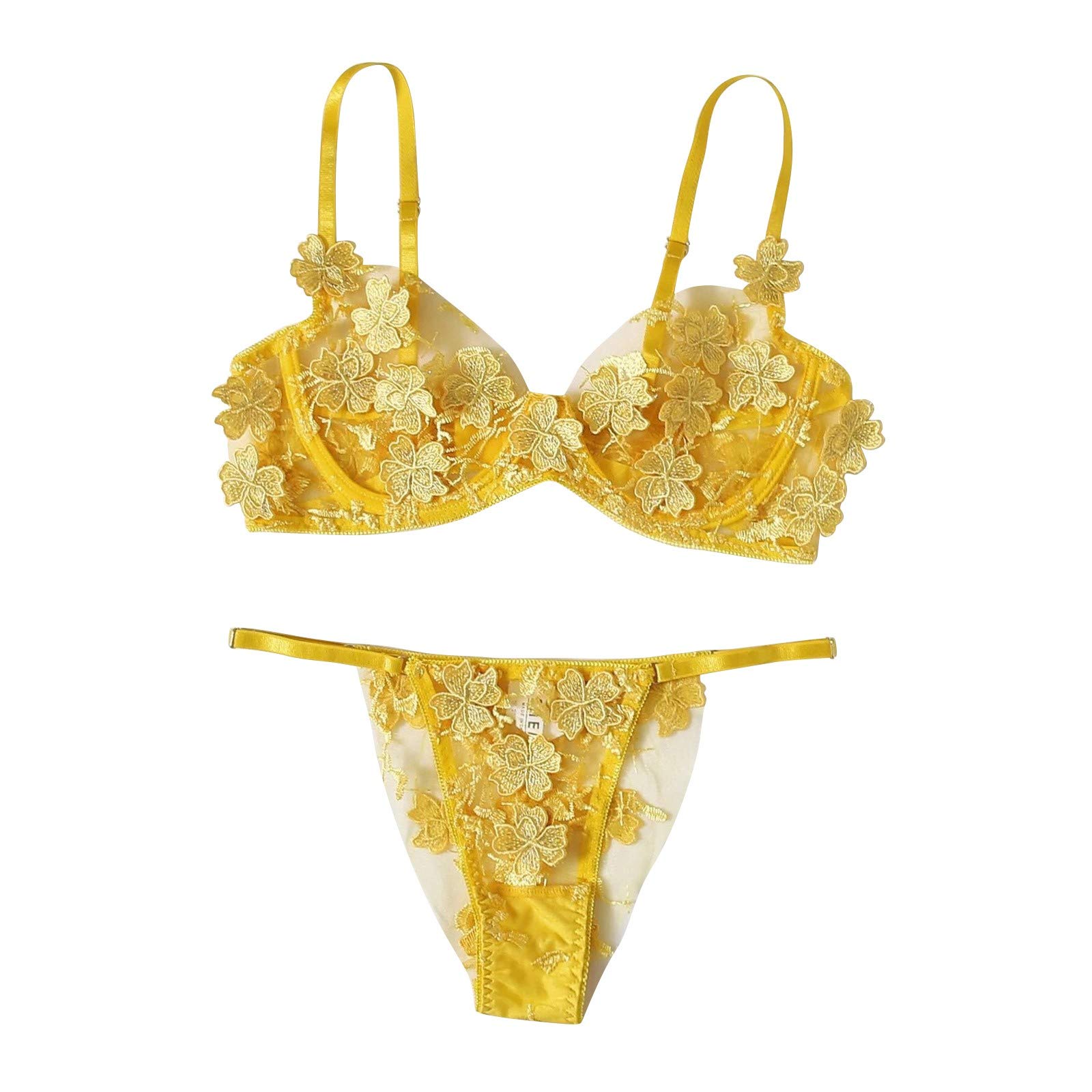 Sexy Lace Floral Bralette & Thong Set - Bustier G-String Lingerie with Embroidery Details for Women (Yellow, Size L) | Perfect for Valentine's Day, Bridal Shower & Romantic Nights