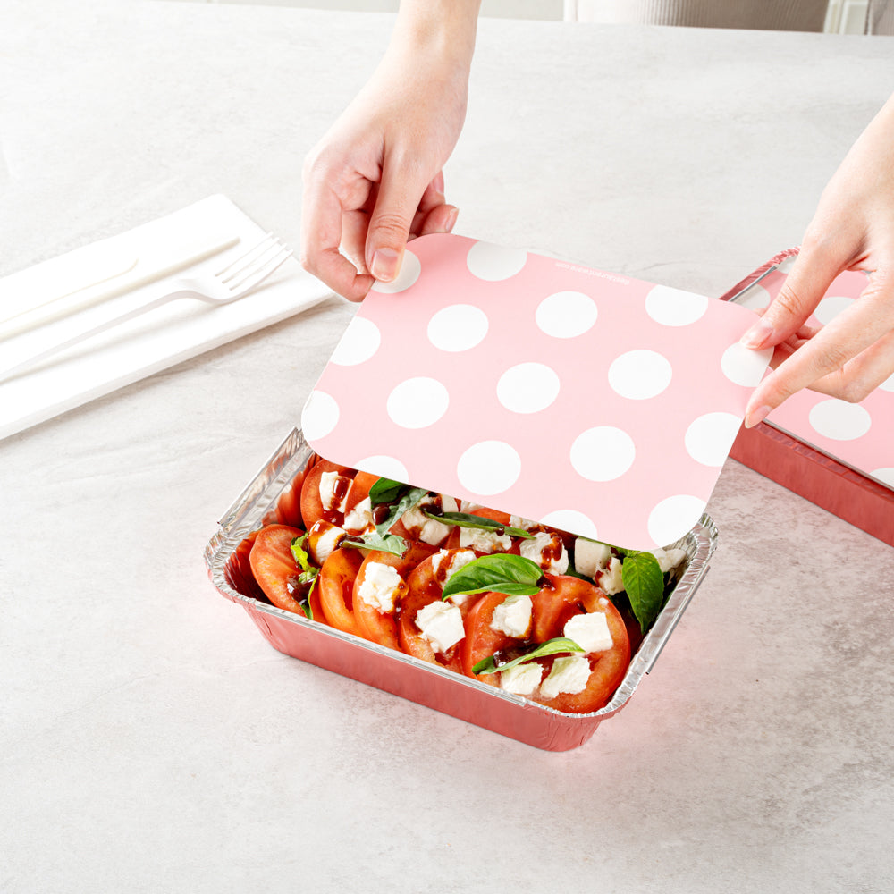 16 oz Pink Aluminum Take Out Containers with Polka Dot Paper Lids - 7.25