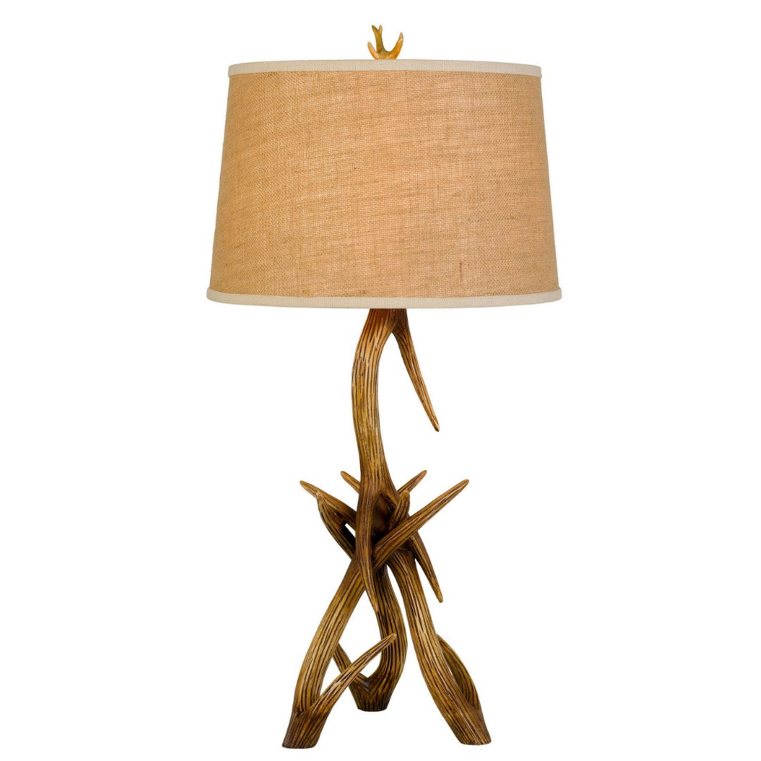 Cal Lighting 150W 3-Way Drummond Antler Resin Table Lamp with Burlap Shade - Rustic Home Decor for Living Room, Bedroom, or Office
