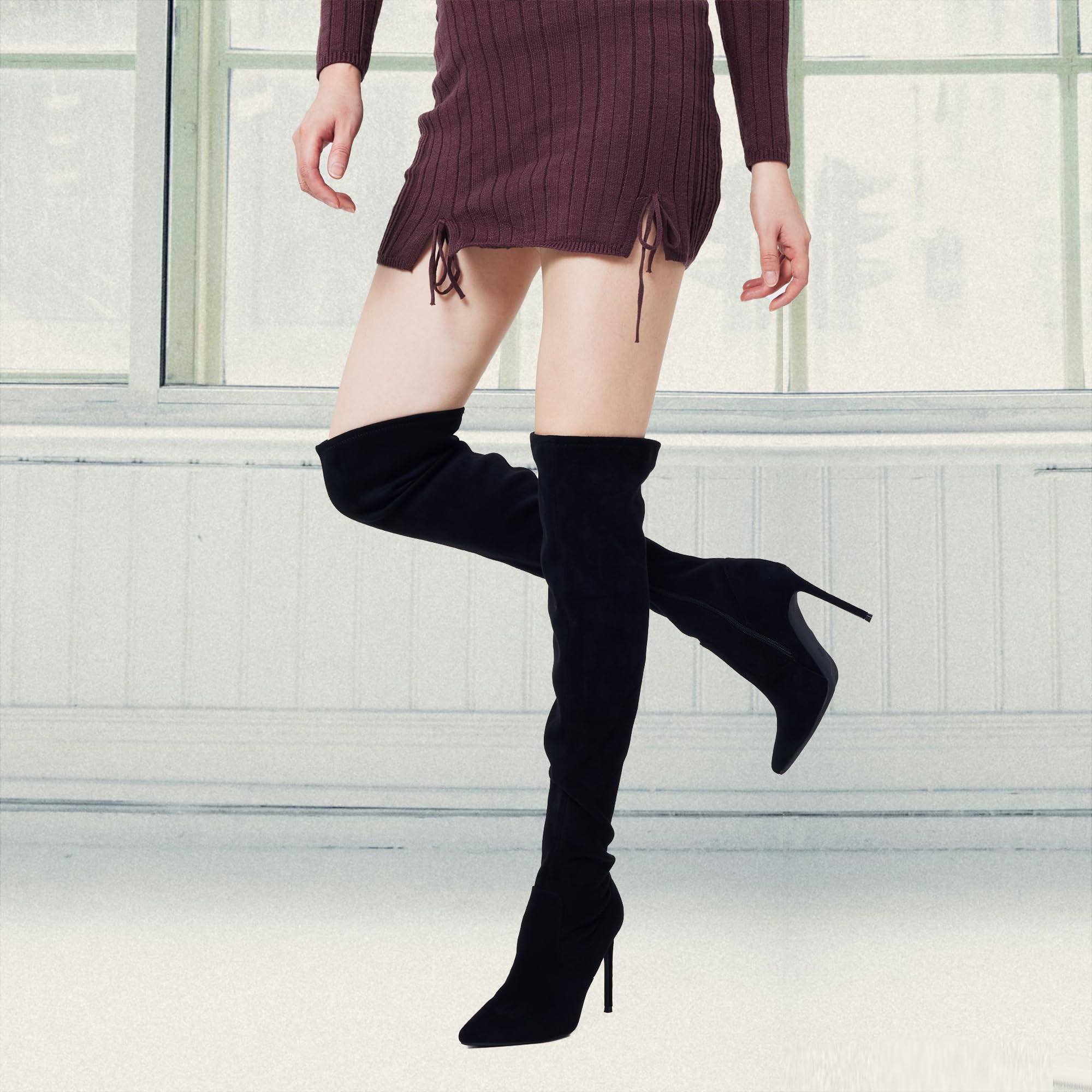 GENSHUO Women's Suede Over The Knee Boots with Stiletto Heel - Stretchy Thigh High Boots, Pointed Toe, Sexy Long Boots for Party, Night Out & Winter Fashion