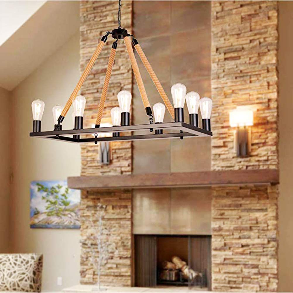 Vintage Rectangle Chandelier - 10-Light Rustic Farmhouse Pendant Light for Kitchen Island, Dining Room, Living Room, Cafe & Entryway | Antique Industrial Ceiling Fixture with Wagon Wheel Design