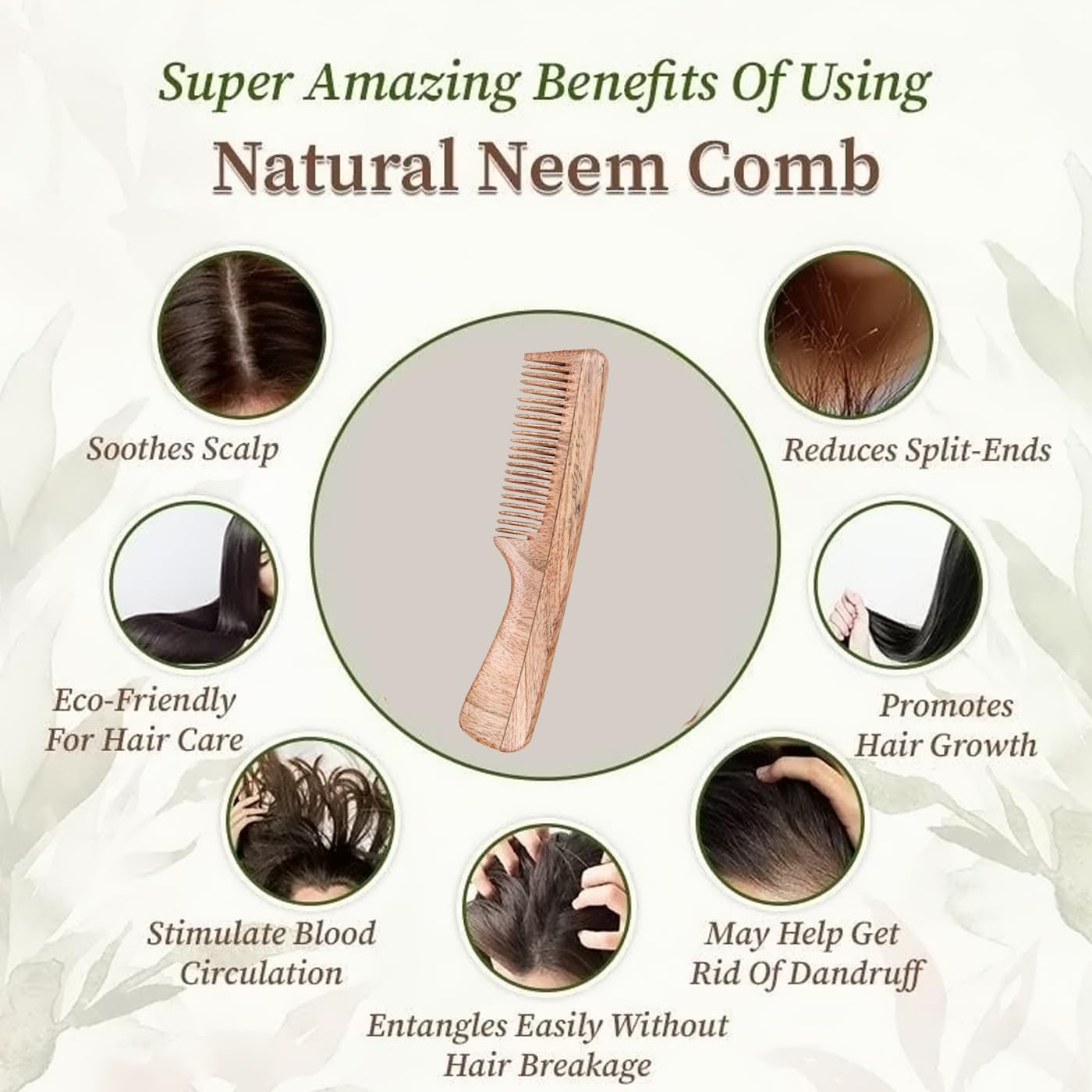 KAVIN Anti-Bacterial Wooden Neem Comb for Kids, Men & Women – Natural Hair Care & Scalp Massage – Pack of 1 | Perfect for Daily Use, Travel & Gentle Detangling
