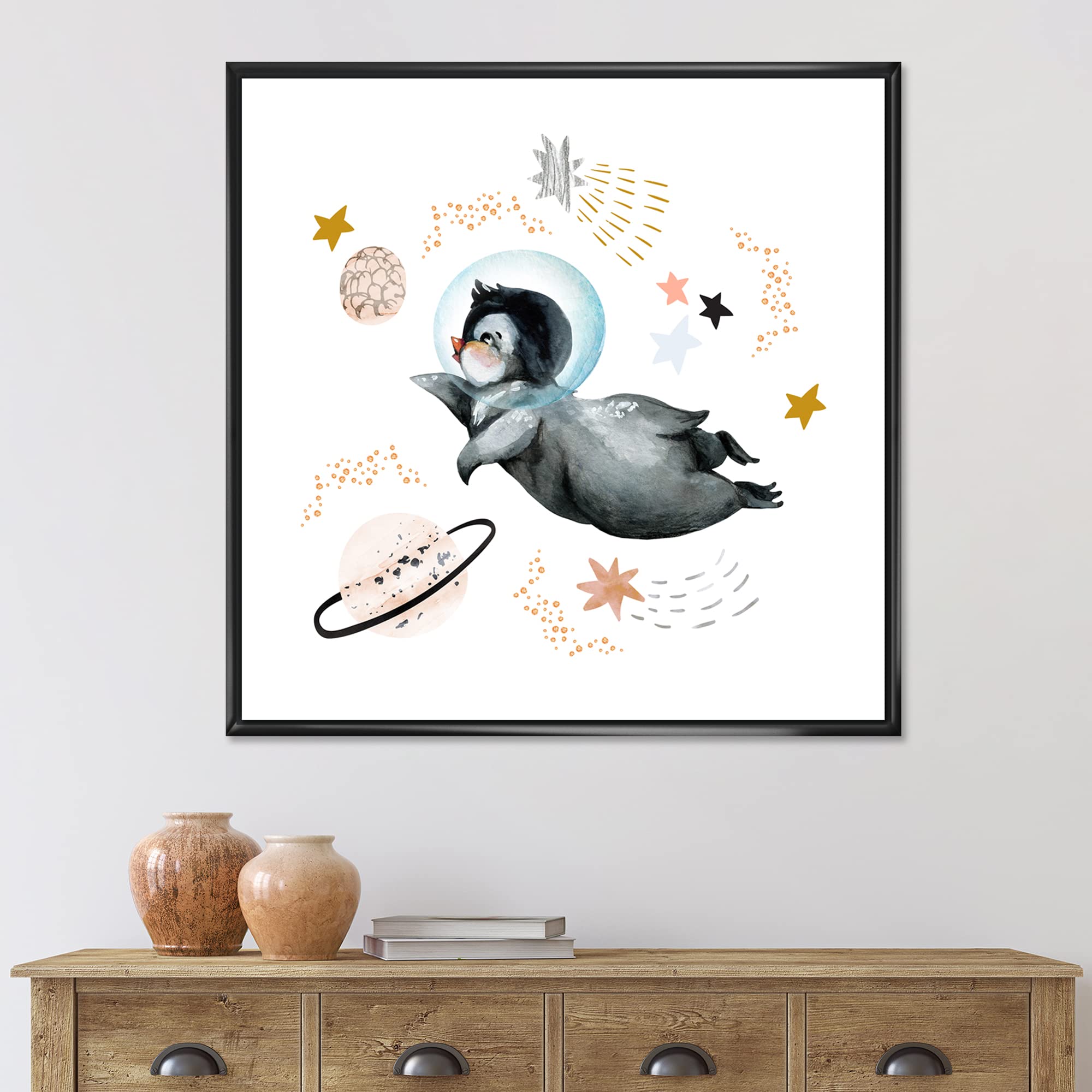 DesignQ Little Penguin Flying Stars and Planets II - Farmhouse Framed Canvas Wall Art Print - Nursery Decor, Kids Room Wall Art, Living Room Decoration