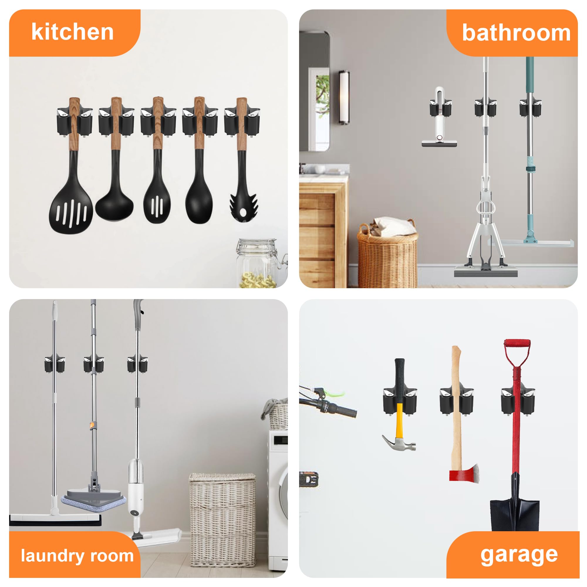 Heavy Duty Wall Mount Broom Holder 3 Pack - Space Saving Broom Hooks for Garage, Kitchen, Closet Organization - Perfect for Storing Brooms, Mops and Cleaning Tools