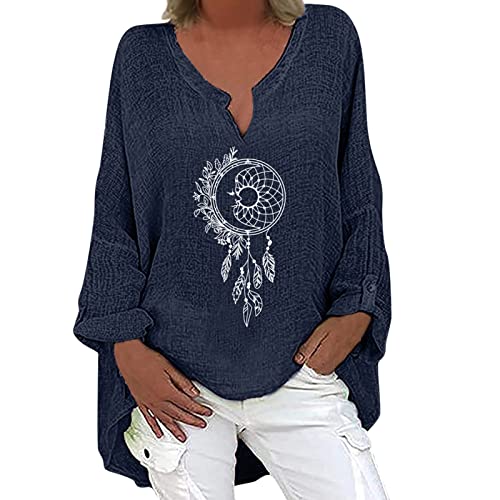 Women's Floral Printed V-Neck Long Sleeve Loose T-Shirt Blouse with Irregular Hem - Casual Comfort Top for Everyday Wear, Work & Date Nights (Navy, Size S)