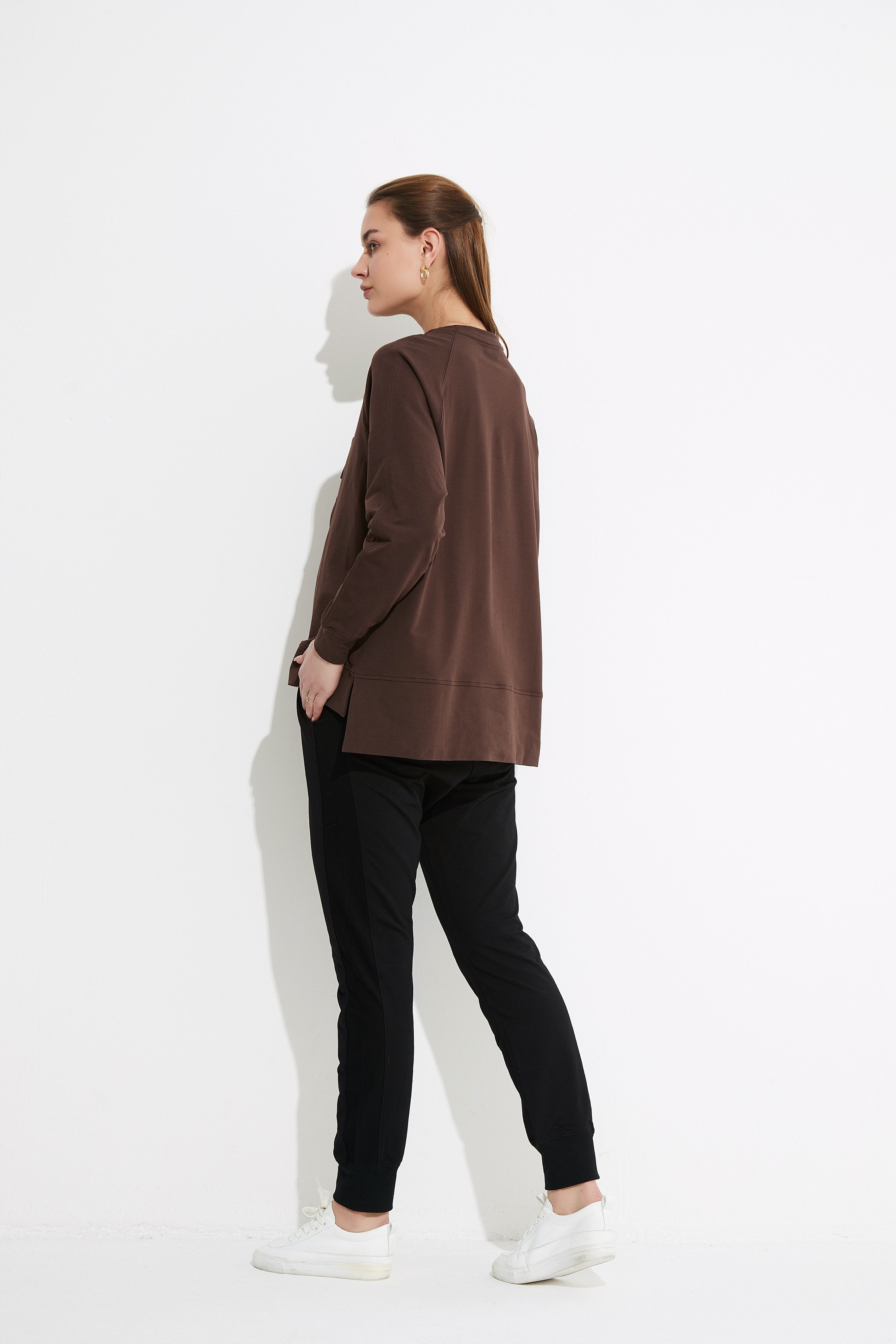 Chocolate Brown Embossed Sweatshirt for Women - Cozy & Stylish Fall Fashion for Casual Outings and Lounge Wear