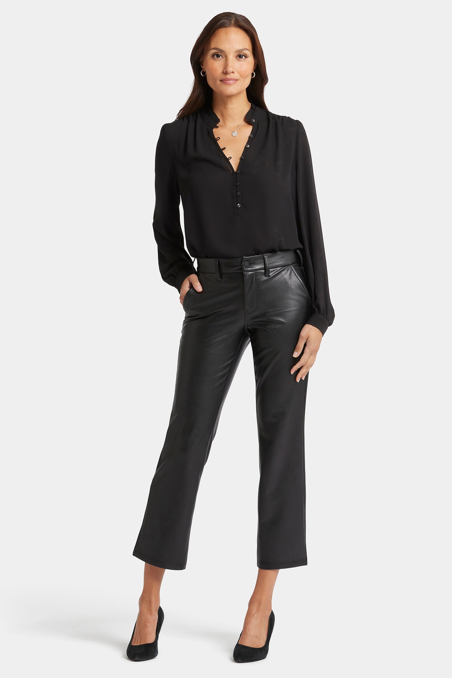 Faux Leather Straight Ankle Pants for Women - Stretch Comfort Fit High Waist Trousers (Black) | Office Wear, Night Out, Casual Chic Outfits