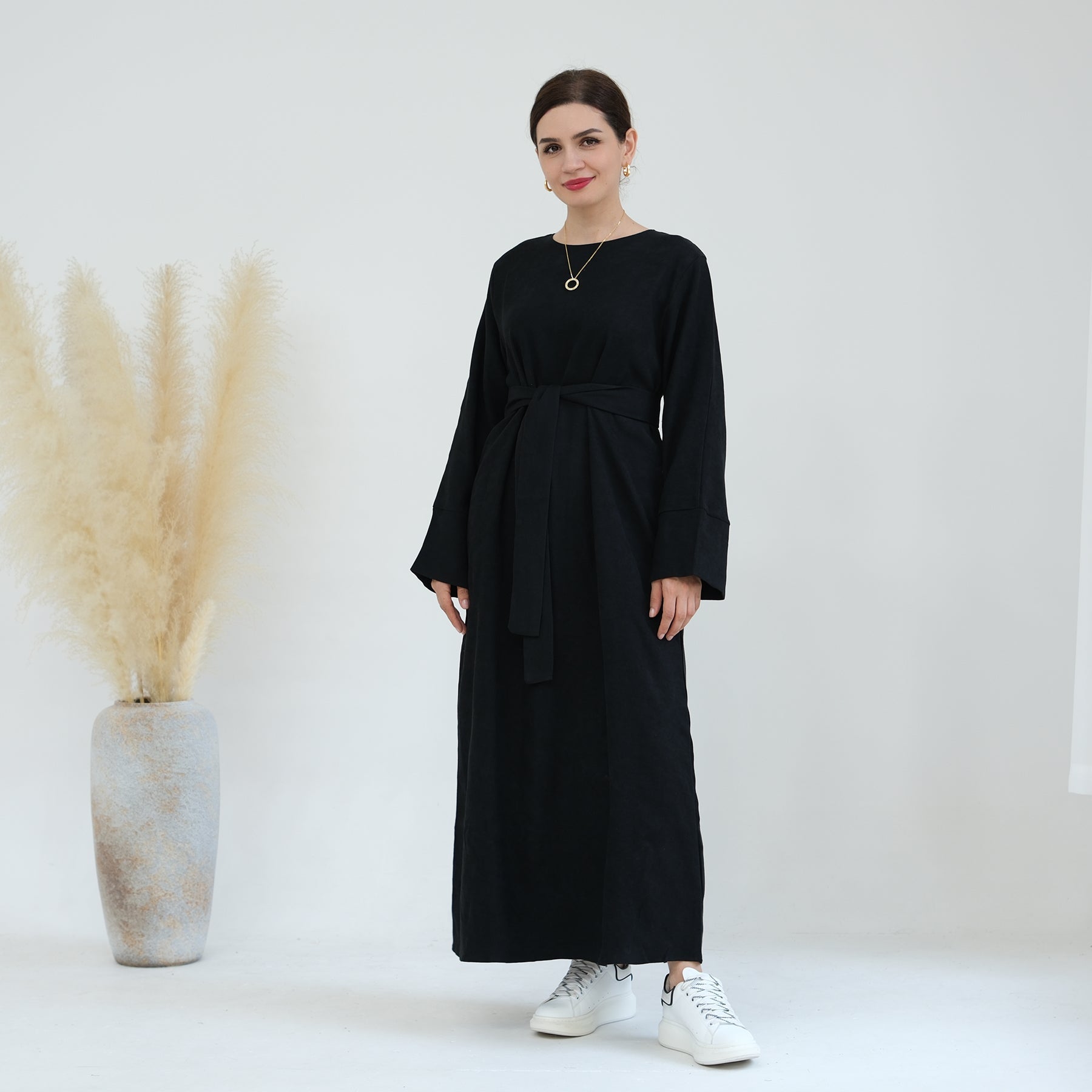 Liliana Women's Black Cold Weather Abaya Dress - Modest Islamic Prayer Dress for Winter, Home & Mosque Wear