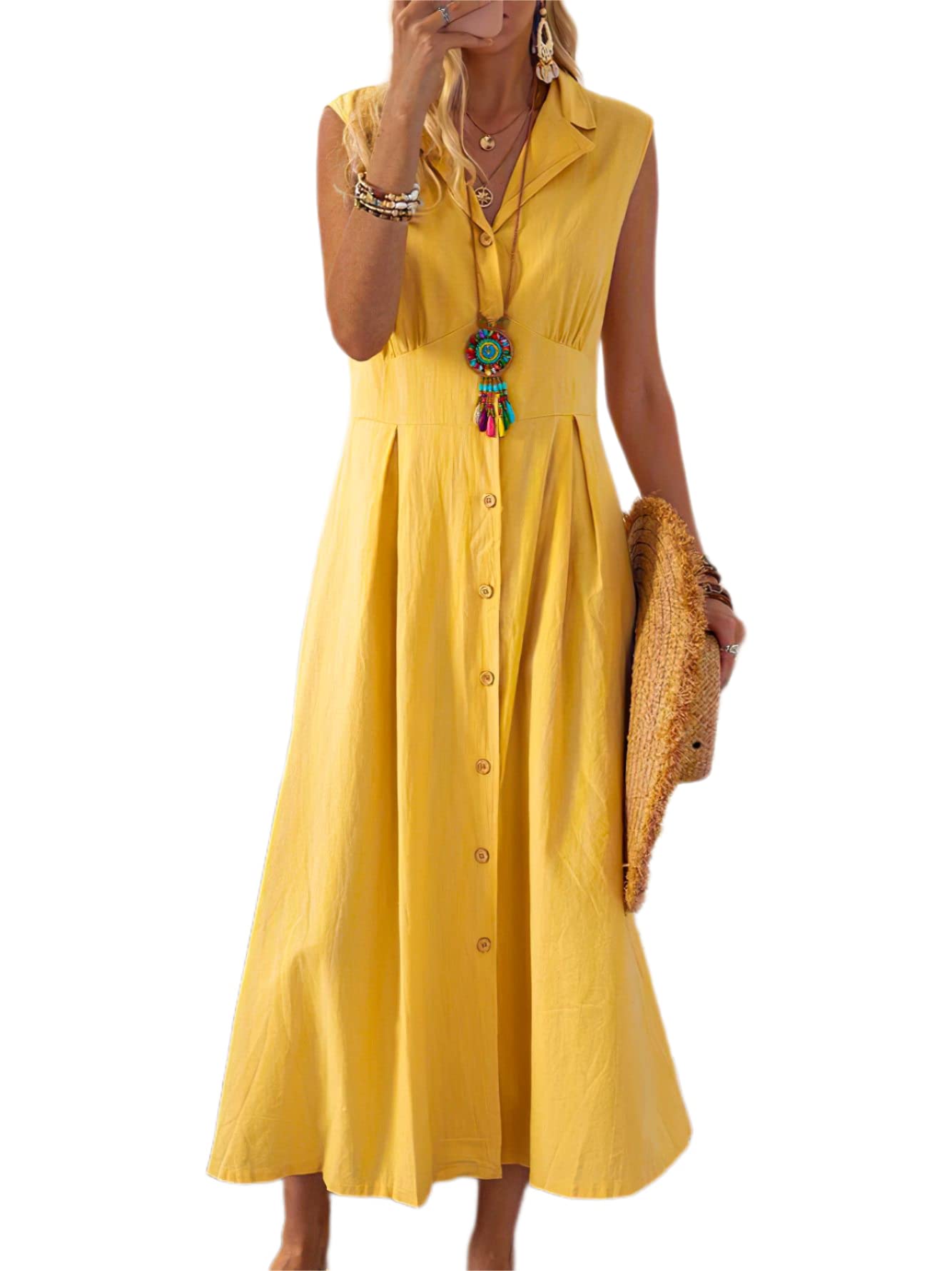 Vintage Cotton Linen A-Line Dress for Women - Summer Casual Button Down Long Sleeve Dress - Perfect for Beach, Picnic & Boho Style Outfits