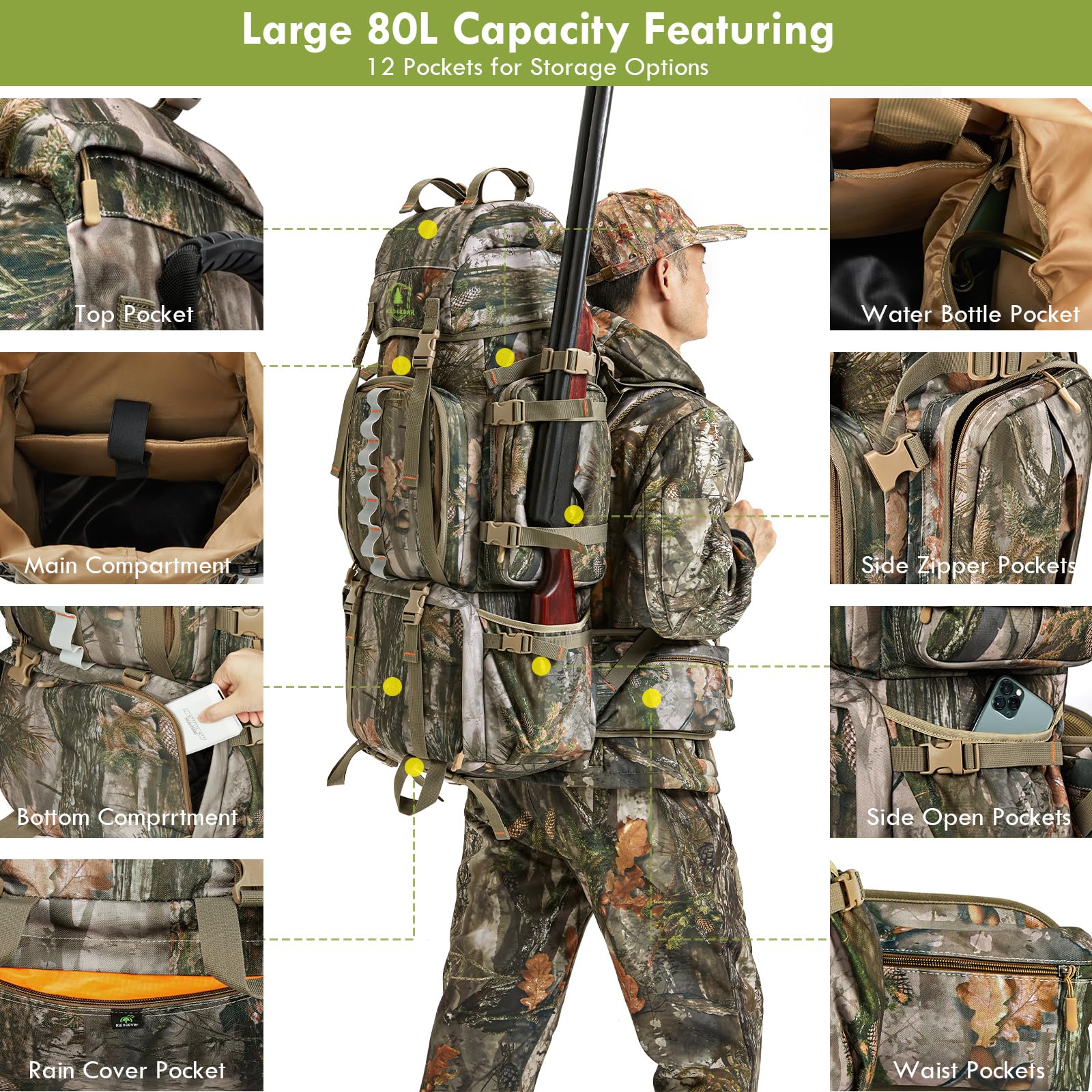 60L/80L Camo Hunting Backpack for Men - Waterproof 600D Tactical Backpack with Rain Cover - Perfect for Outdoor Hunting, Camping & Hiking Adventures