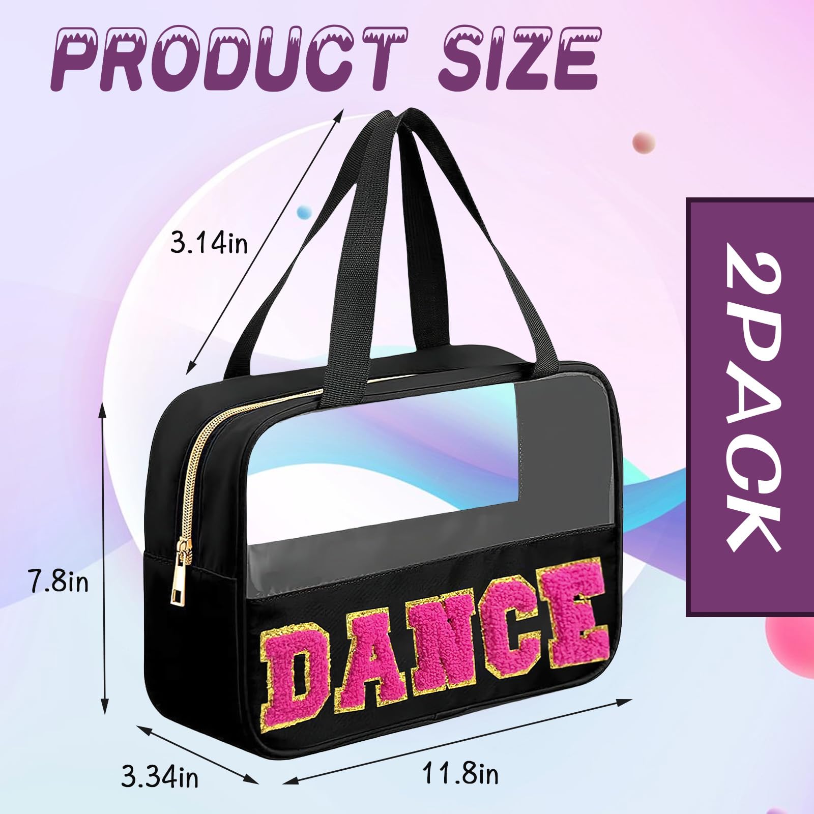 Dance Gifts Chenille Letter Bags - Clear Waterproof Nylon Makeup Organizer with Handle & Zipper, Portable PVC Travel Cosmetic Toiletry Bag for Women & Dance Competitors | Perfect for Dance Competitions, Travel & Everyday Storage