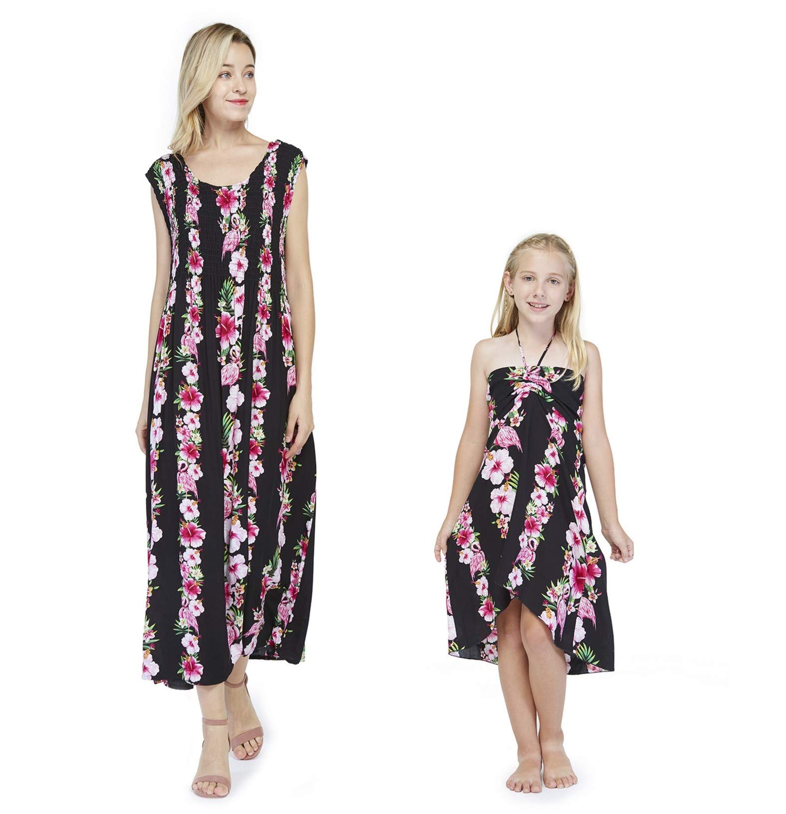 Matching Mother Daughter Hawaiian Luau Maxi Dress & Girls Halter Dress - Pink Hibiscus Vine Print for Beach Vacation, Family Photos, and Summer Parties