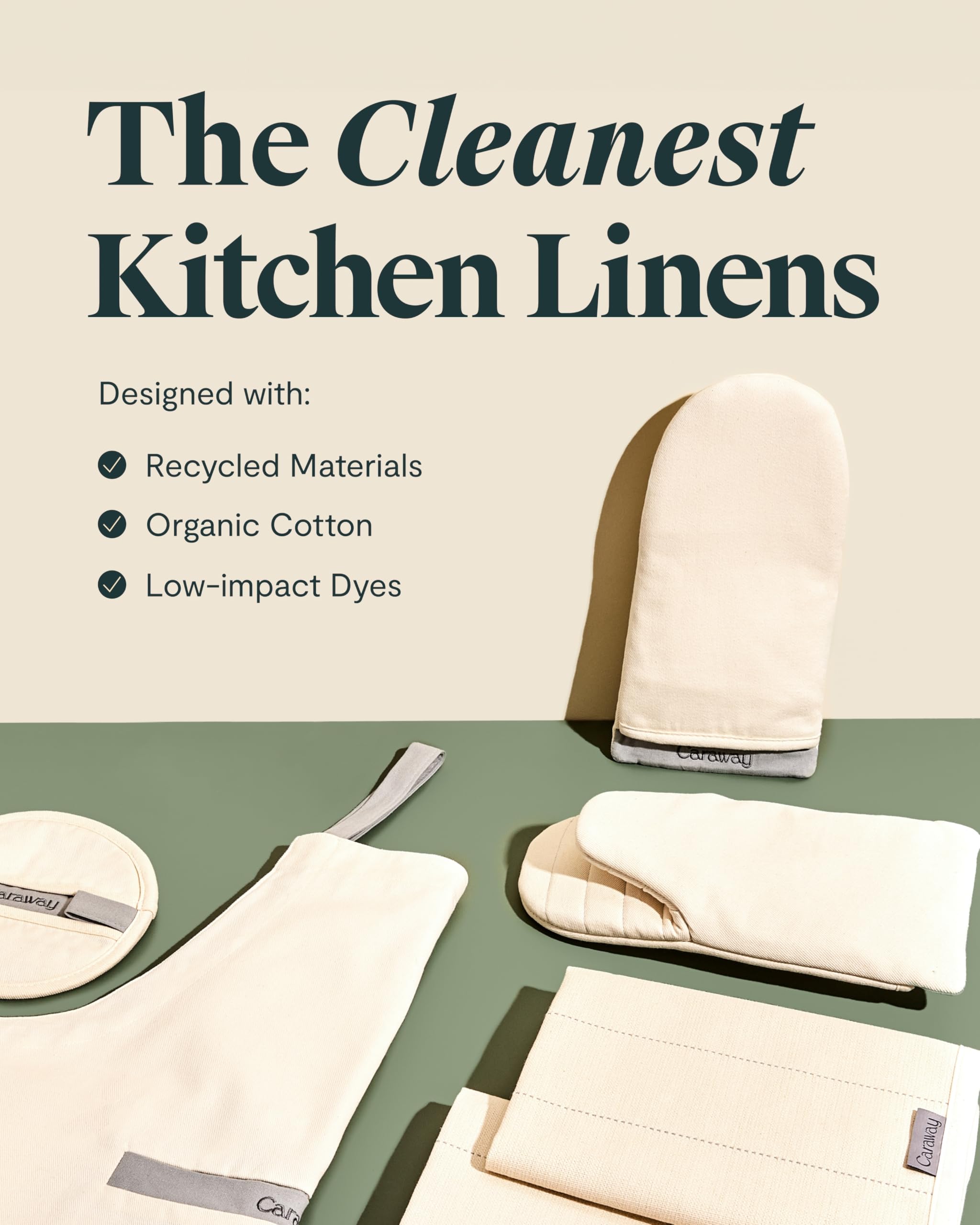 Organic Cotton Caraway Linen Set - Apron, Pot Holders, Oven Mitts & Tea Towels - 100% Natural Fabric - Durable & Machine Washable - Perfect for Cooking, Baking & Kitchen Decor