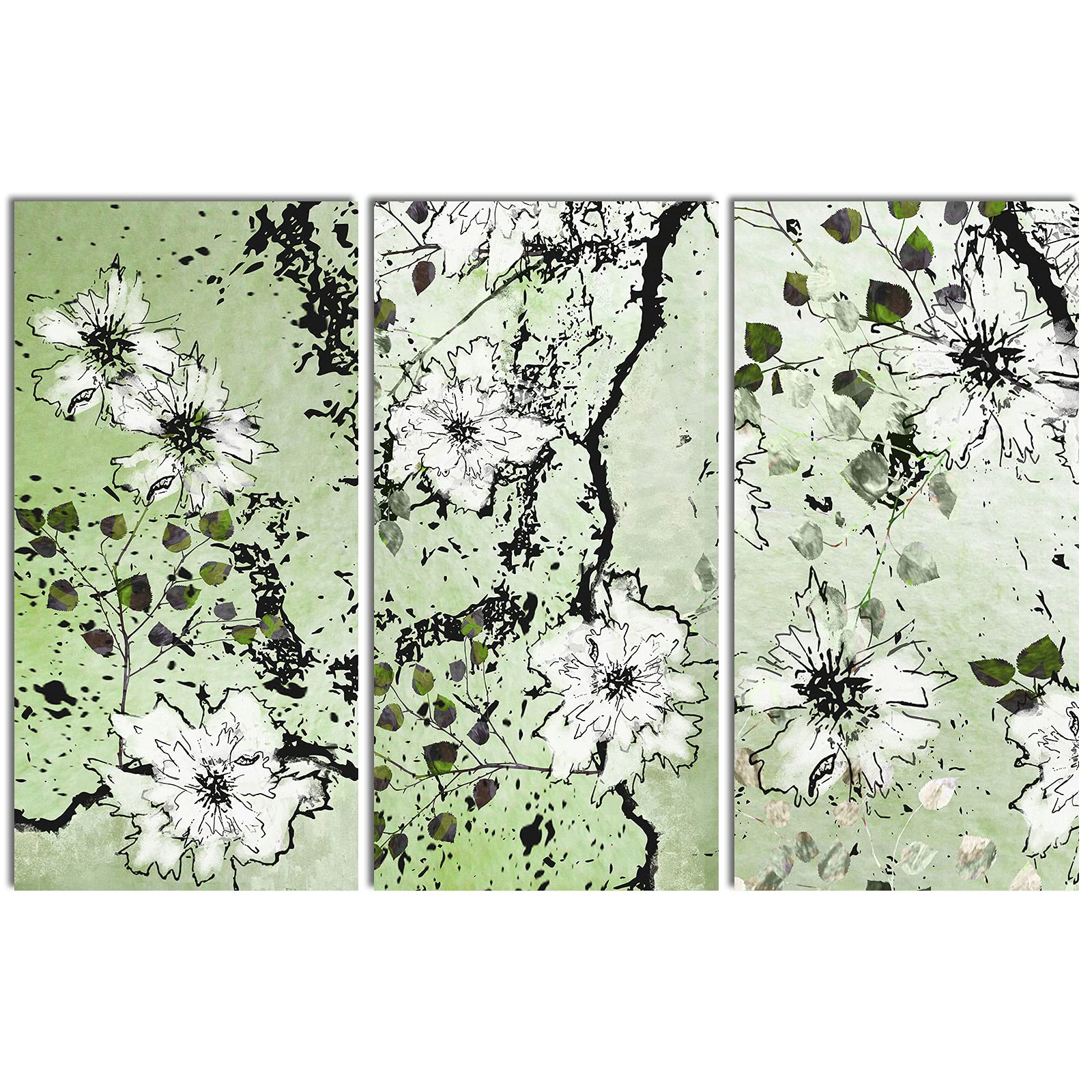 3 Pack Green Canvas Wall Art with White Flowers - Modern Framed Watercolor Painting Prints for Living Room, Kitchen, Office Decor - 8