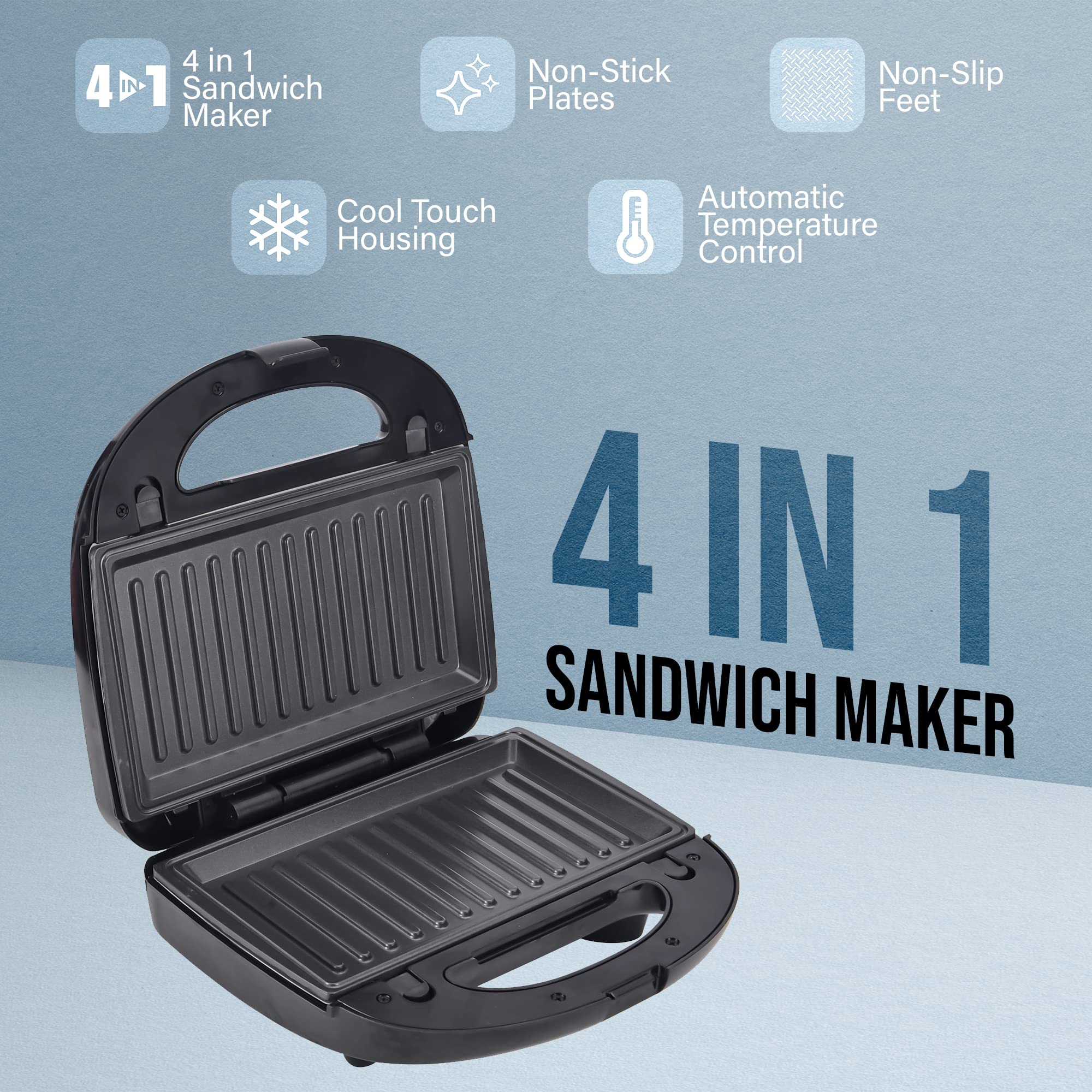 Belaco 4-in-1 Sandwich Maker & Panini Press - Non-Stick, Easy Clean Waffle Iron with Detachable Plates & Skid-Resistant Feet - Perfect for Breakfast, Lunch, and Quick Snacks at Home or Office