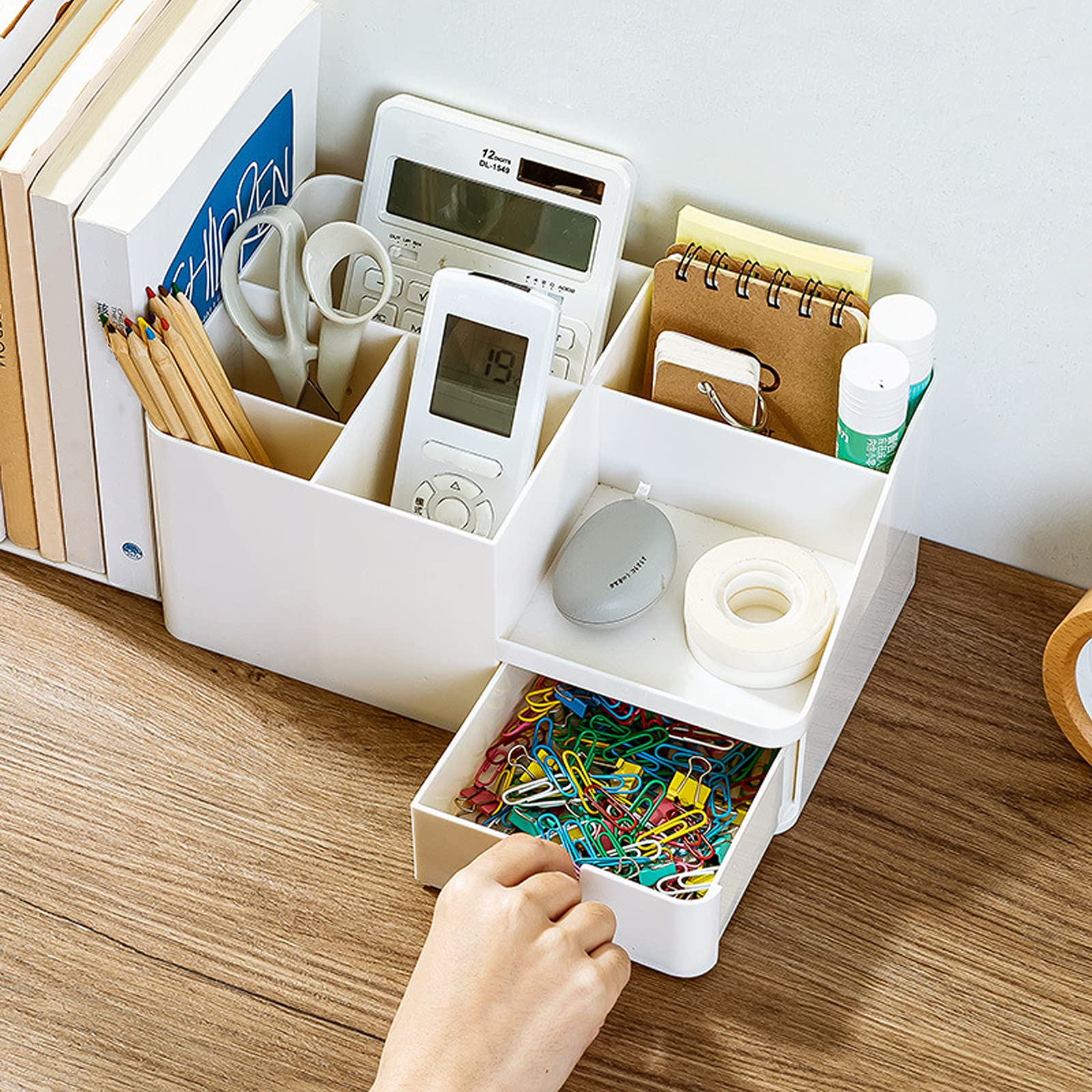 Large Capacity Desk Organizer with Drawer - Beige Plastic Bookend, Pen Holder & Makeup Storage Caddy for Office, Study & Home Organization (Large Size)