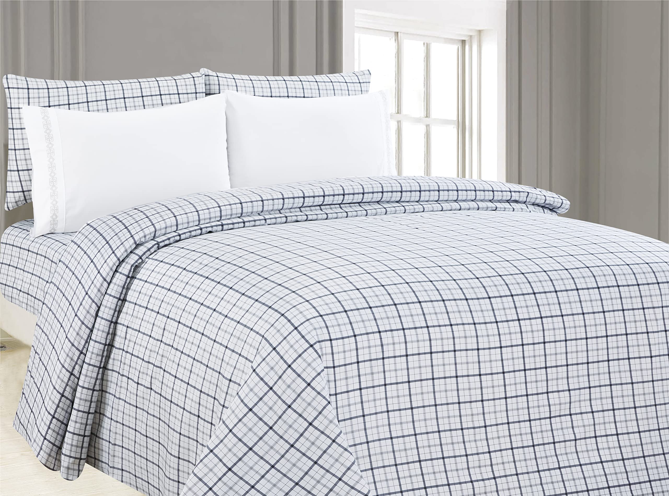 6-Piece Printed Sheet Set with Embroidered Pillowcases - Bank Plaid Full Size Bedding | Soft & Breathable Cotton Blend for Cozy Sleep | Perfect for Guest Rooms, Dorms & Master Bedrooms