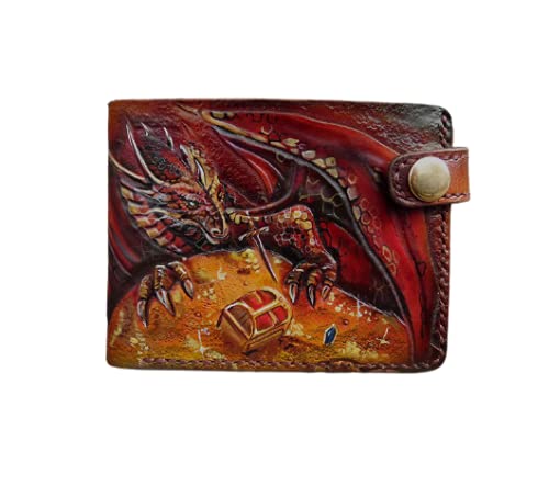 **Handmade 3D Genuine Leather Wallet for Men - Custom Engraved Dragon & Smaug Hobbit Design - Biker & Middle Earth Themed Wallet - Perfect for Gifts, Travel & Everyday Use**