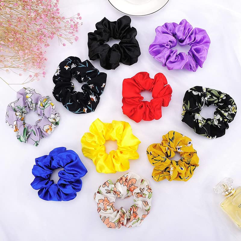 5-Piece Chiffon Flower Hair Bands & 5-Piece Satin Elastic Hair Scrunchies Set (10 Pcs Total) - Soft Hair Ties for Women & Girls - Perfect for School, Work, Parties & Everyday Styling