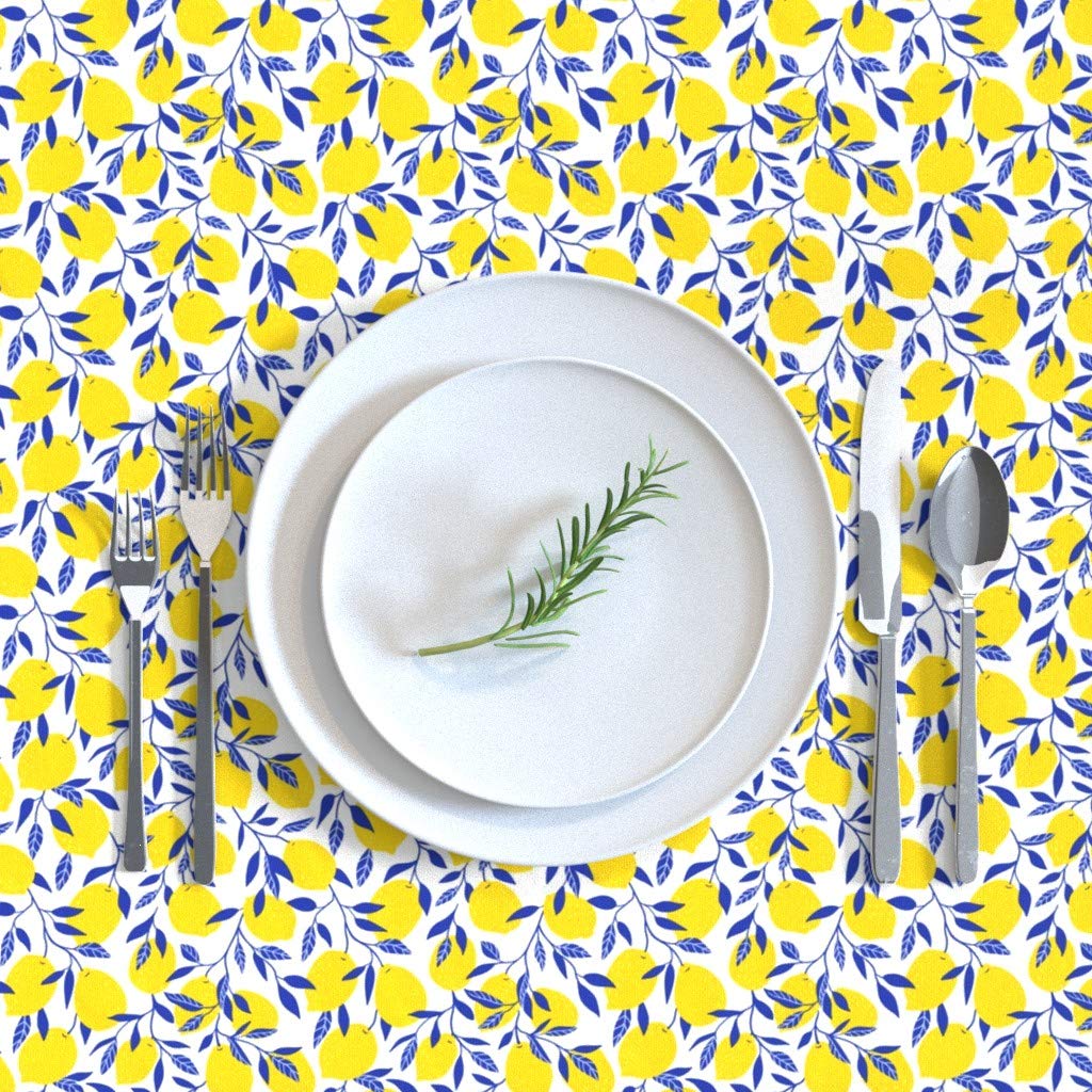 Bright Summer Lemon Fruit Tropical Hand Drawn Cotton Sateen Tablecloth - 70