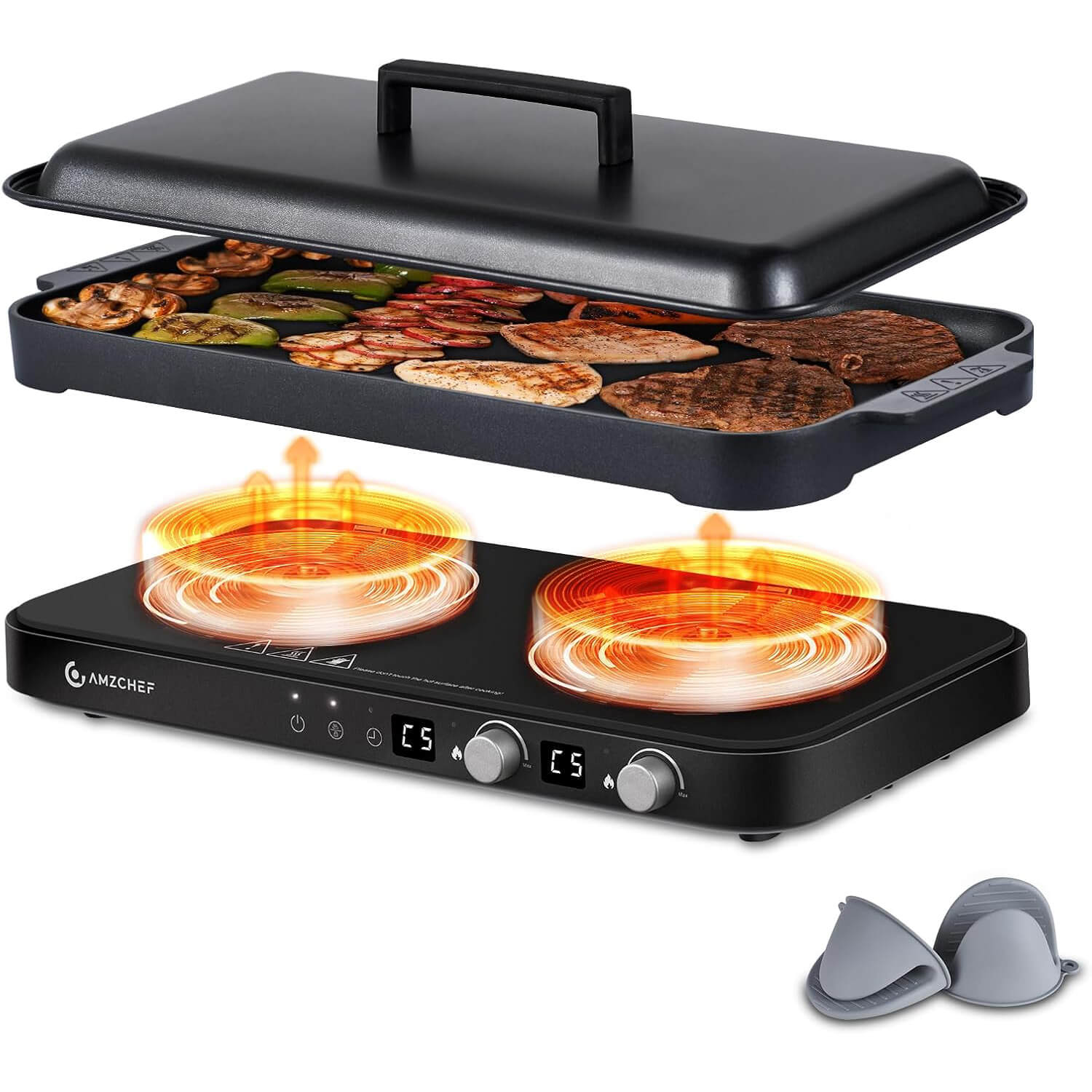 AMZCHEF 1800W Double Induction Cooktop with Removable Cast Iron Griddle Pan - Portable Electric Stove for Kitchen, Camping & RV - Fast Heating, Safety Lock, 20 Temp Settings (Black)