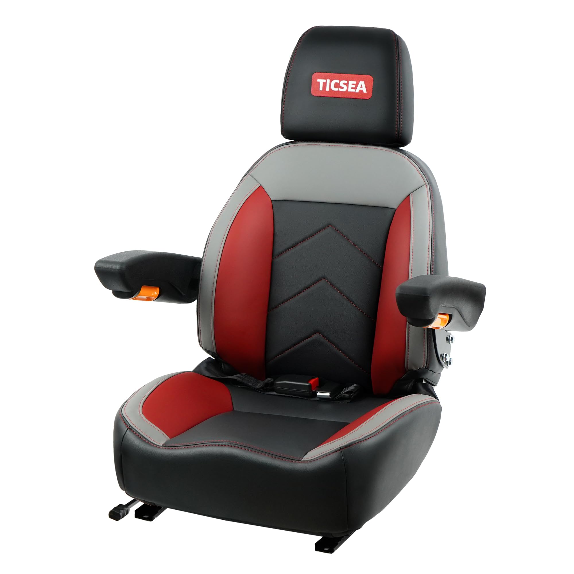 Universal Forklift Seat - Heavy Duty Tractor Seat with Retractable Seatbelt, Adjustable Backrest, Headrest & Armrests (Black-Red) - Perfect for Forklifts, Tractors, Construction Equipment & Agricultural Machinery