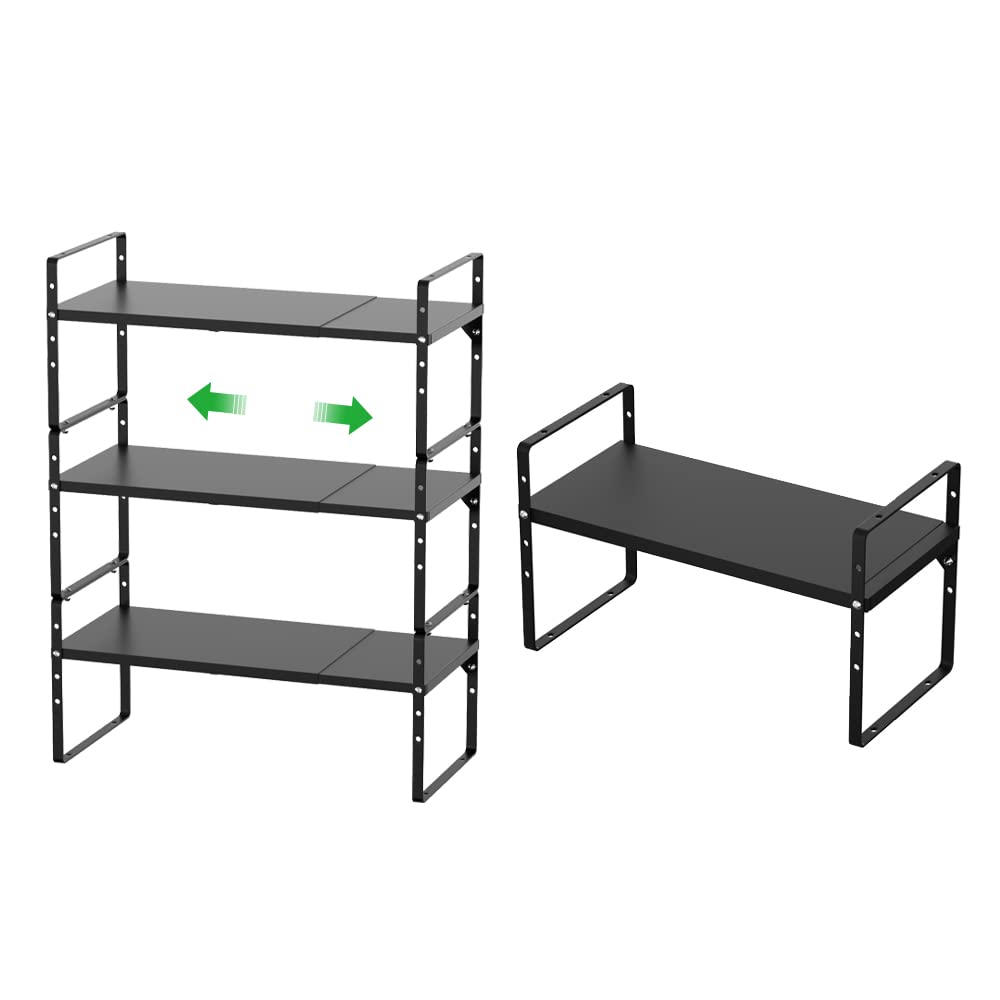 Expandable Cabinet Shelf Organizer - Stackable Kitchen Cupboard & Pantry Storage Shelf - Black Spice Rack Set of 4 (8.07