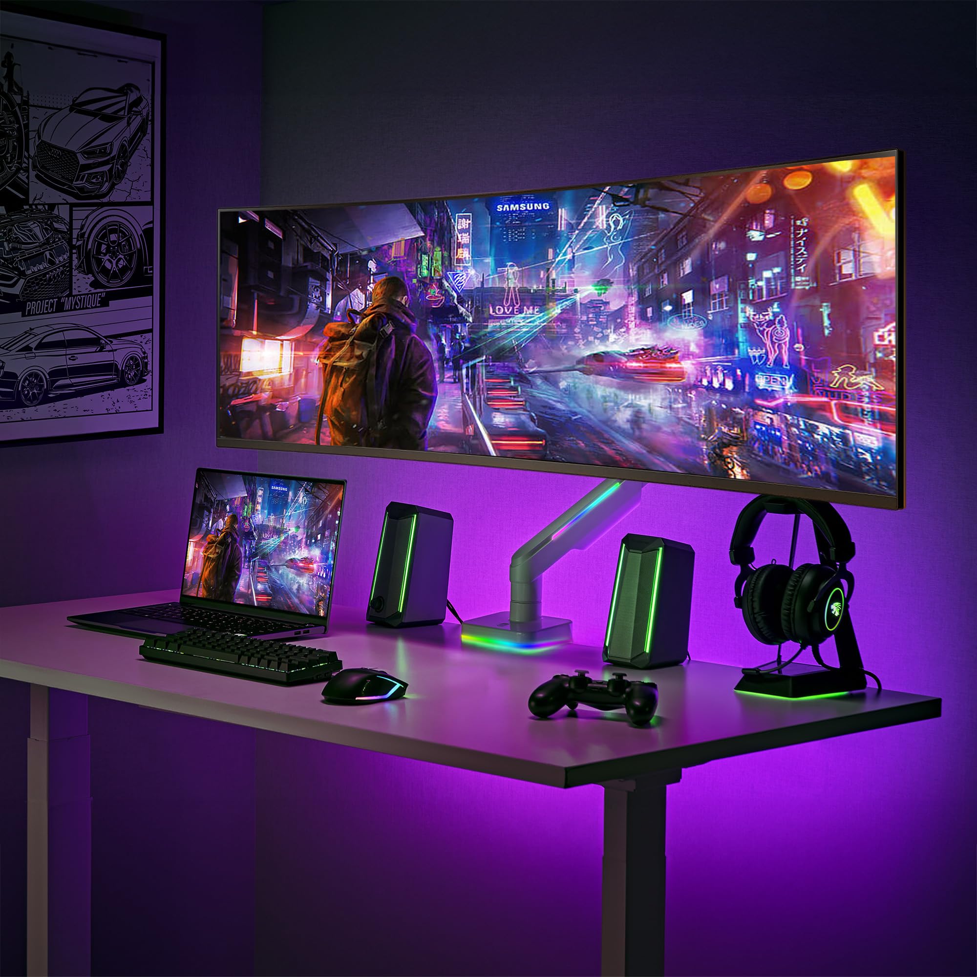 AVLT RGB Gaming Monitor Arm Stand - Adjustable Height, Swivel & Tilt for 17-43 inch Flat/Curved/Ultrawide Screens (Up to 44lbs/20kg) - White | Perfect for Home Office, Streaming Setup & Esports Gaming