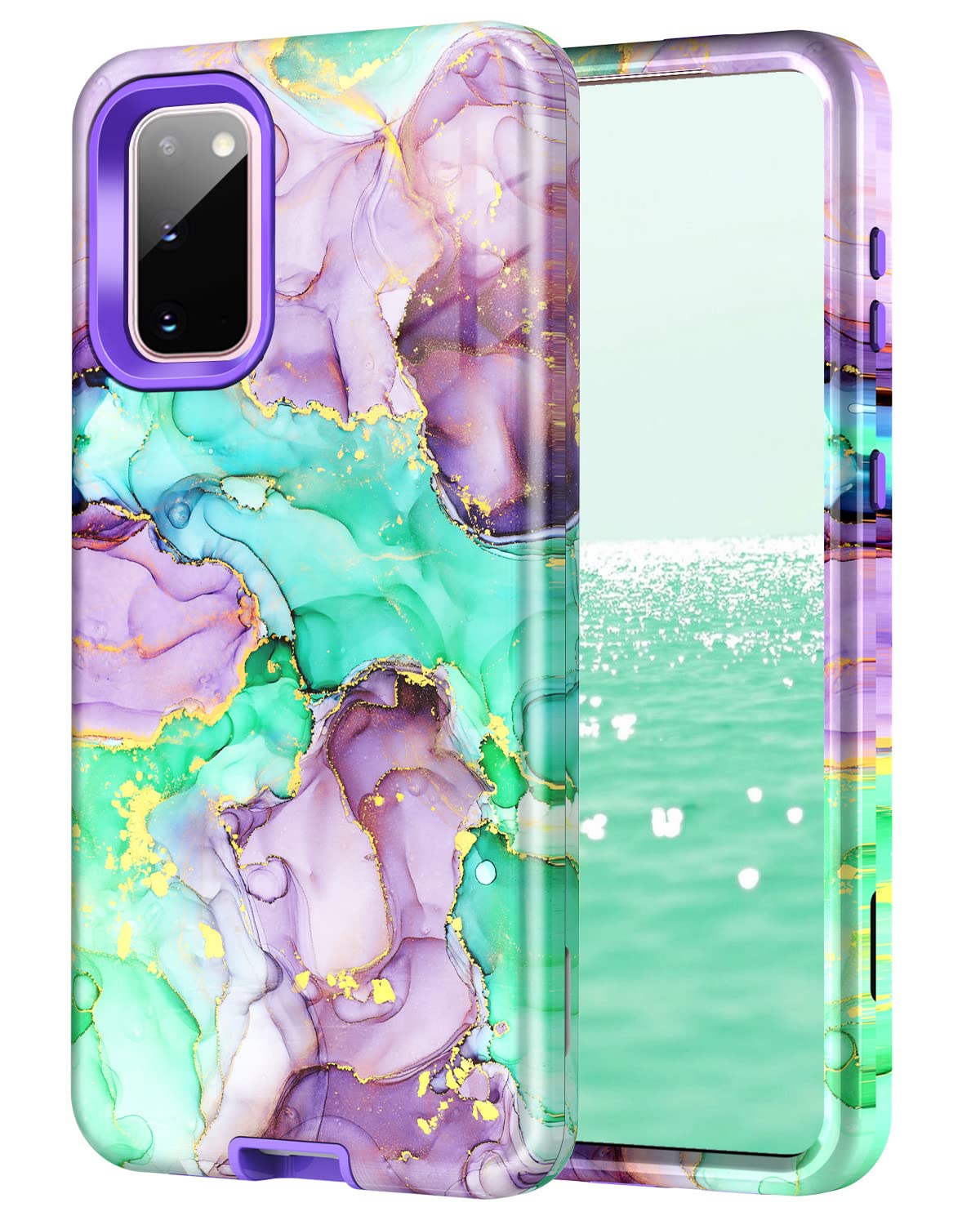 BTS Case Compatible with Samsung Galaxy S20 6.2 Inch - Marble Pattern 3-in-1 Heavy Duty Shockproof Rugged Phone Case | Hard PC + Soft Silicone Full Body Protection | Drop Resistant for Women & Girls (Purple/Green) | Perfect for Outdoor Activities, Work & Daily Use