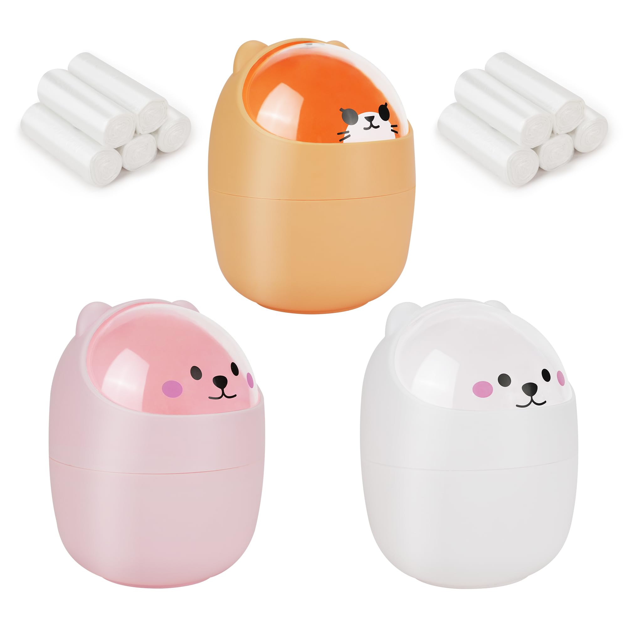 3PCS Mini Trash Can with 200 Trash Bags - Cute Cartoon Animal Small Waste Bin with Swing Lid for Home, Office, Kitchen, Bedroom & Dressing Table - Perfect for Desks, Countertops and Small Spaces