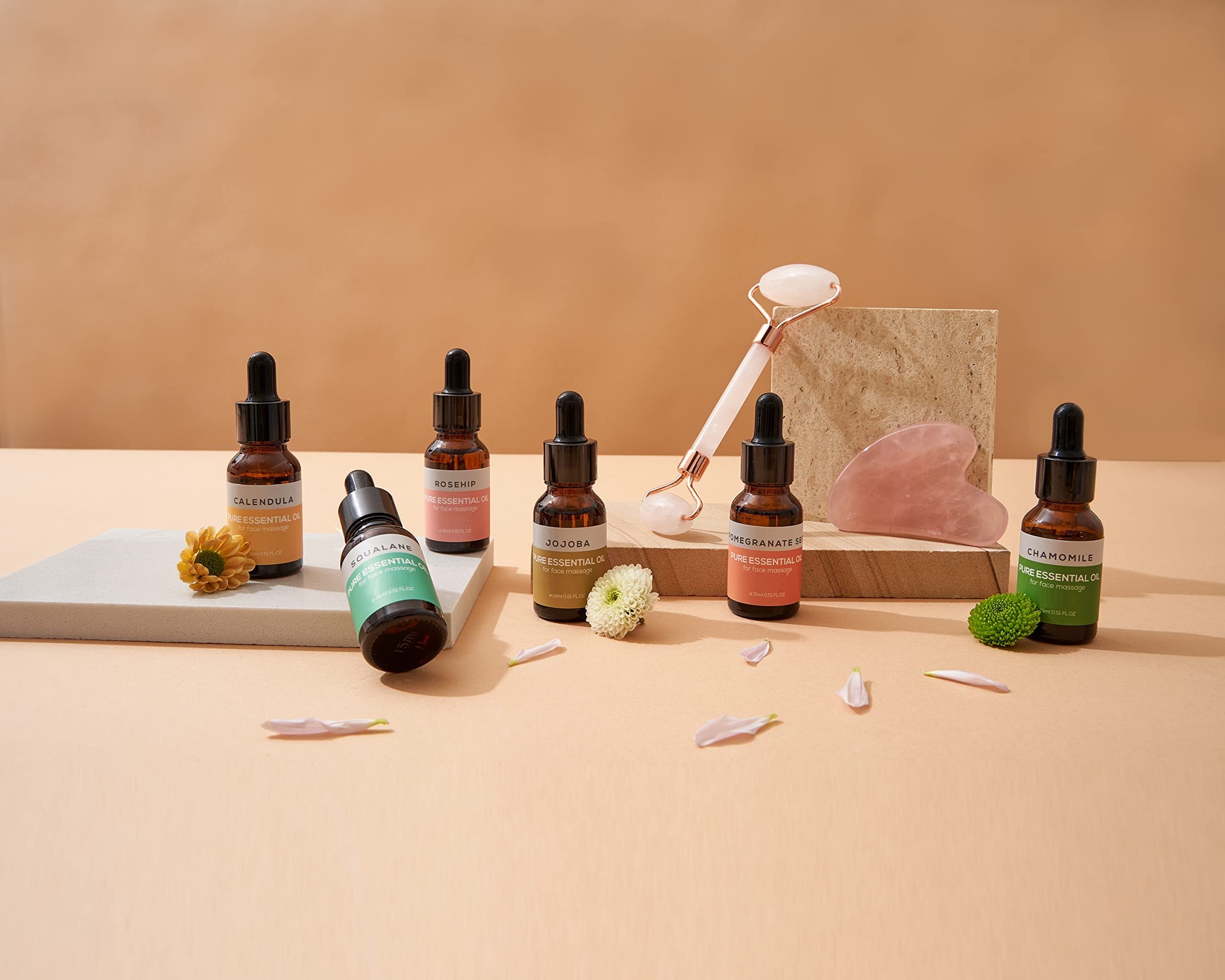 BRÜUN Jade Roller & Gua Sha Set with 6 Organic Face Oils - Pink Quartz Facial Massage Tools for Anti-Aging, Wrinkle Reduction & Glowing Skin | Perfect for Women's Daily Beauty Routine, Spa Night & Self-Care Gifts