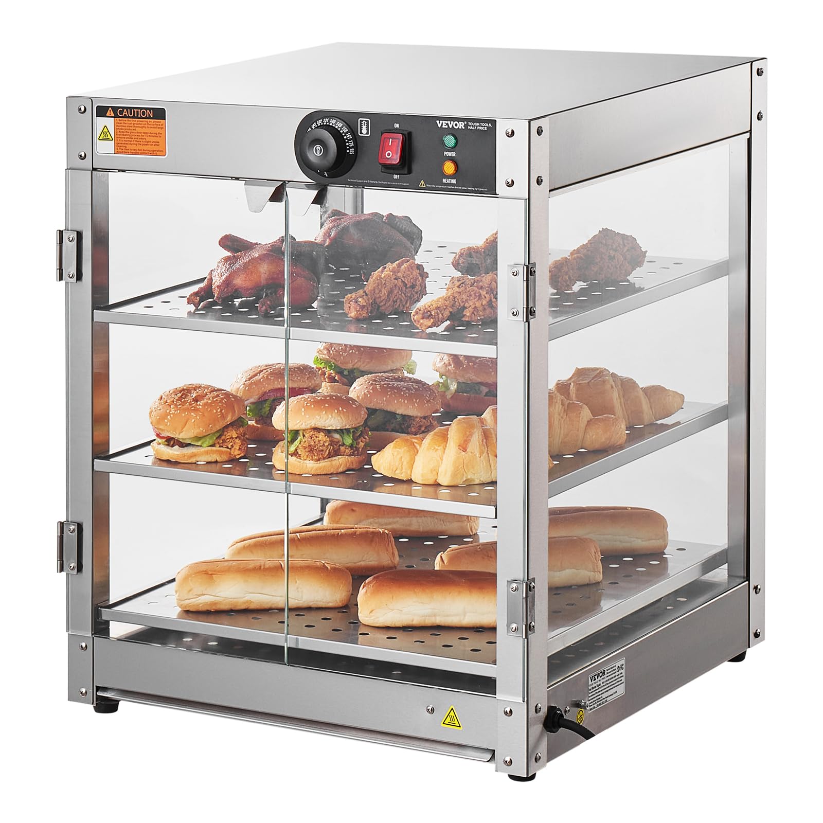VEVOR 3-Tier Commercial Food Warmer Display - 800W Heated Buffet Server with LED Lights & 86°F~185°F Adjustable Temperature - 90L Large Capacity for Burgers, Pizza, Bread & Fried Chicken - Perfect for Restaurants, Cafes & Catering Events