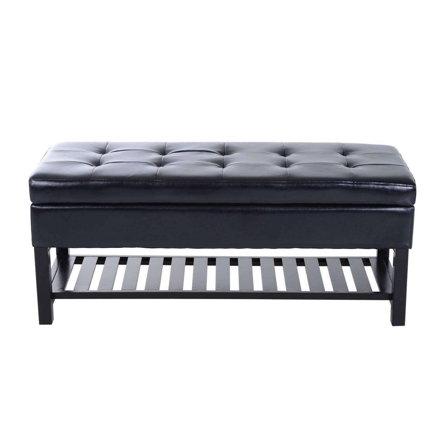 44-inch Black PU Leather Tufted Shoe Storage Bench Ottoman - Modern Contemporary Faux Leather Entryway Seating with Storage - Perfect for Hallway, Bedroom, or Closet Organization