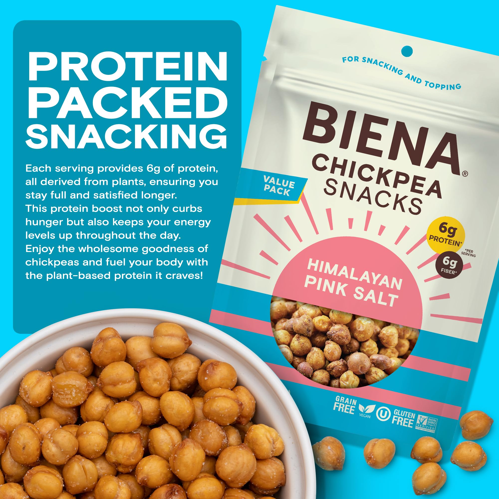 BIENA Crunchy Roasted Chickpea Snacks - High Fiber Vegan Protein Snacks for Adults & Kids - Himalayan Pink Salt - Healthy On-the-Go Snack for Work, School & Travel